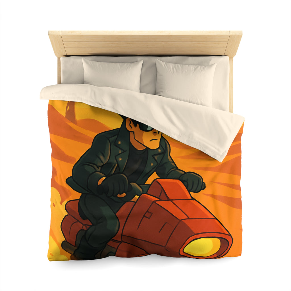 Housse de couette moto futuriste sur désert orangé avec soleil couchant et ruines