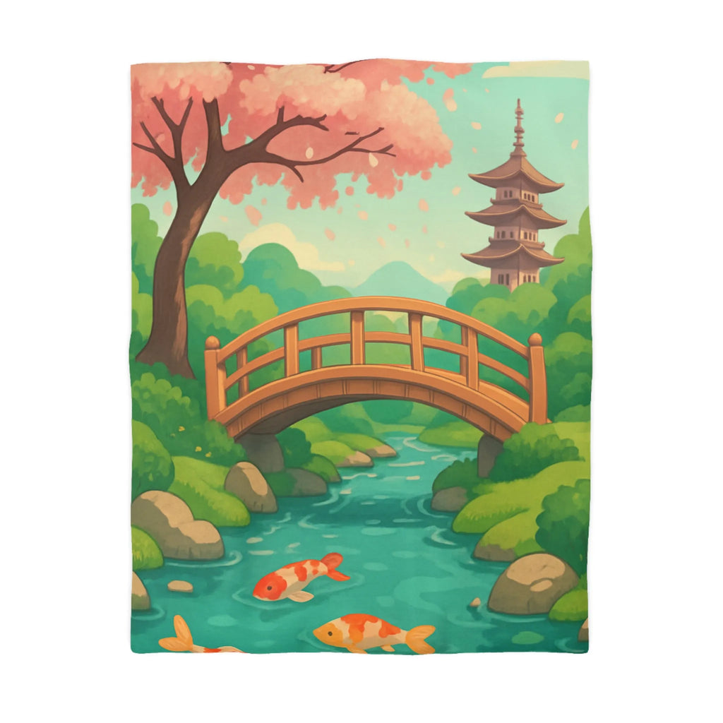 Housse de couette japonaise avec arbre en fleurs, pont en bois et carpes koi