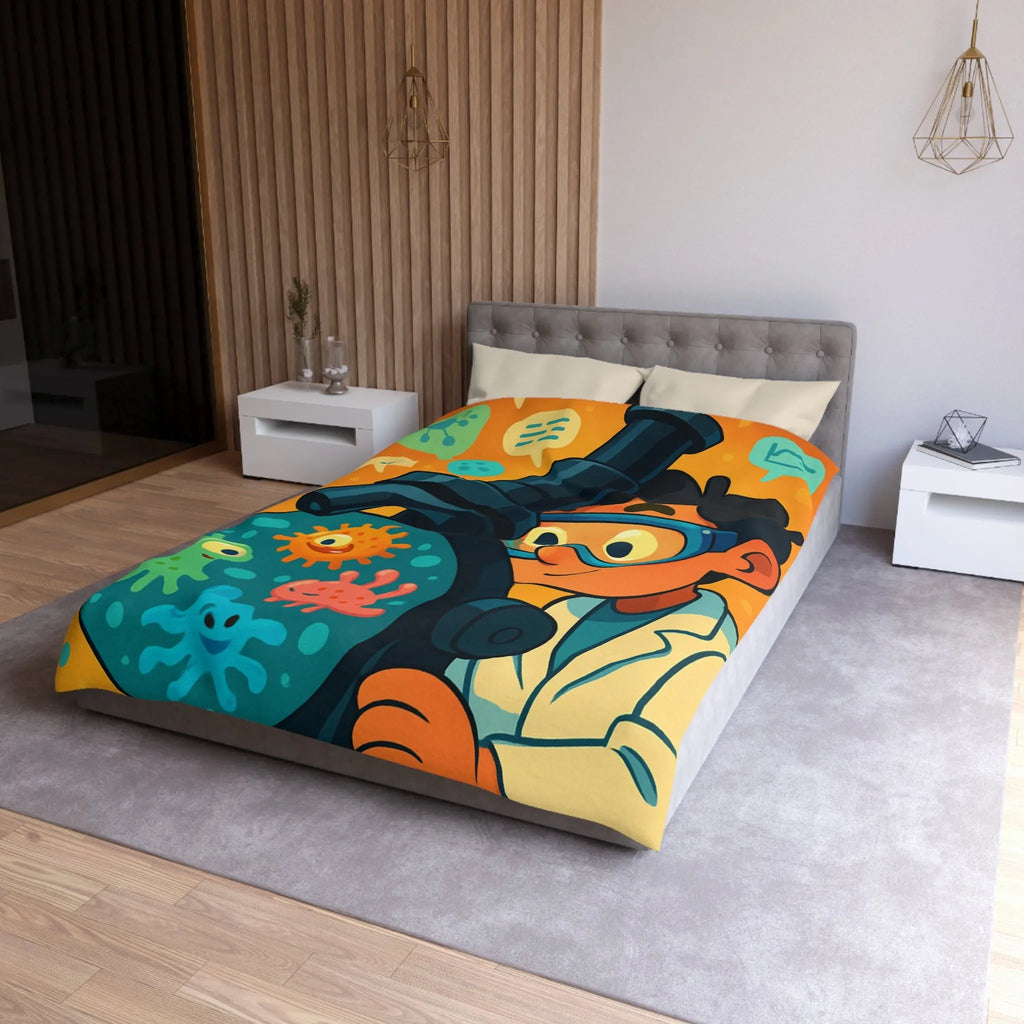 Housse de couette colorée avec jeunes scientifiques et microscope amusant pour enfants