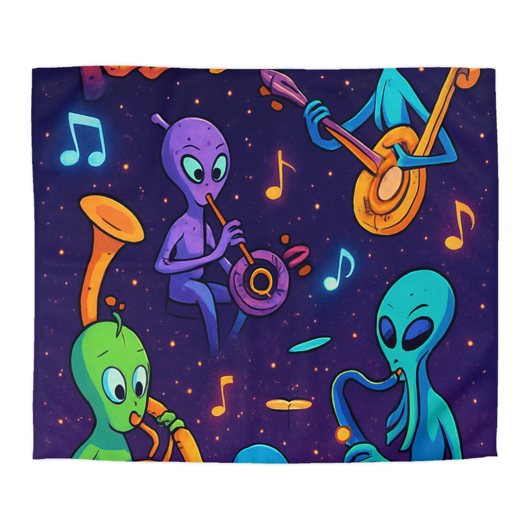 Housse de Couette Motif Aliens Musiciens Colorés Enchantant L'univers Spatial Fantastique