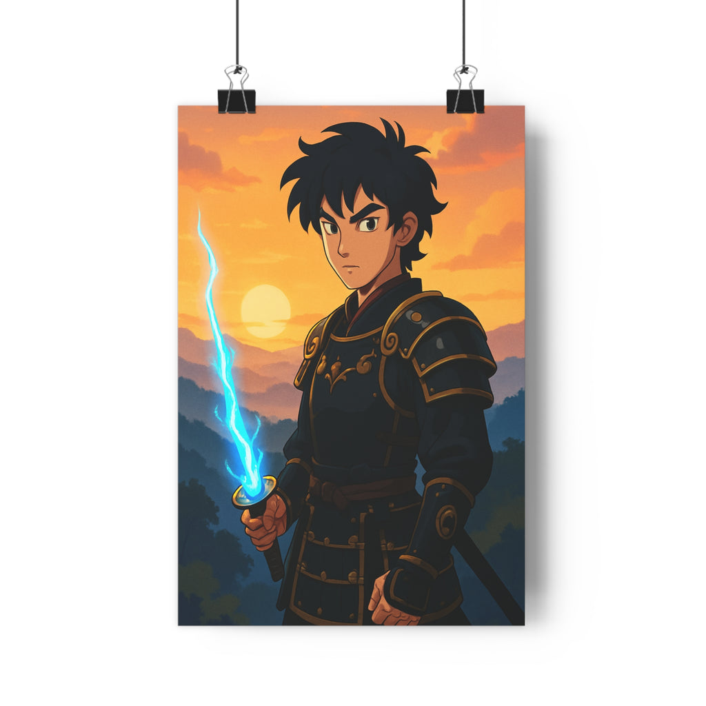 Poster décoratif anime épique personnage sombre épée lumineuse bleu orange vibrant chambre bureau 30x46