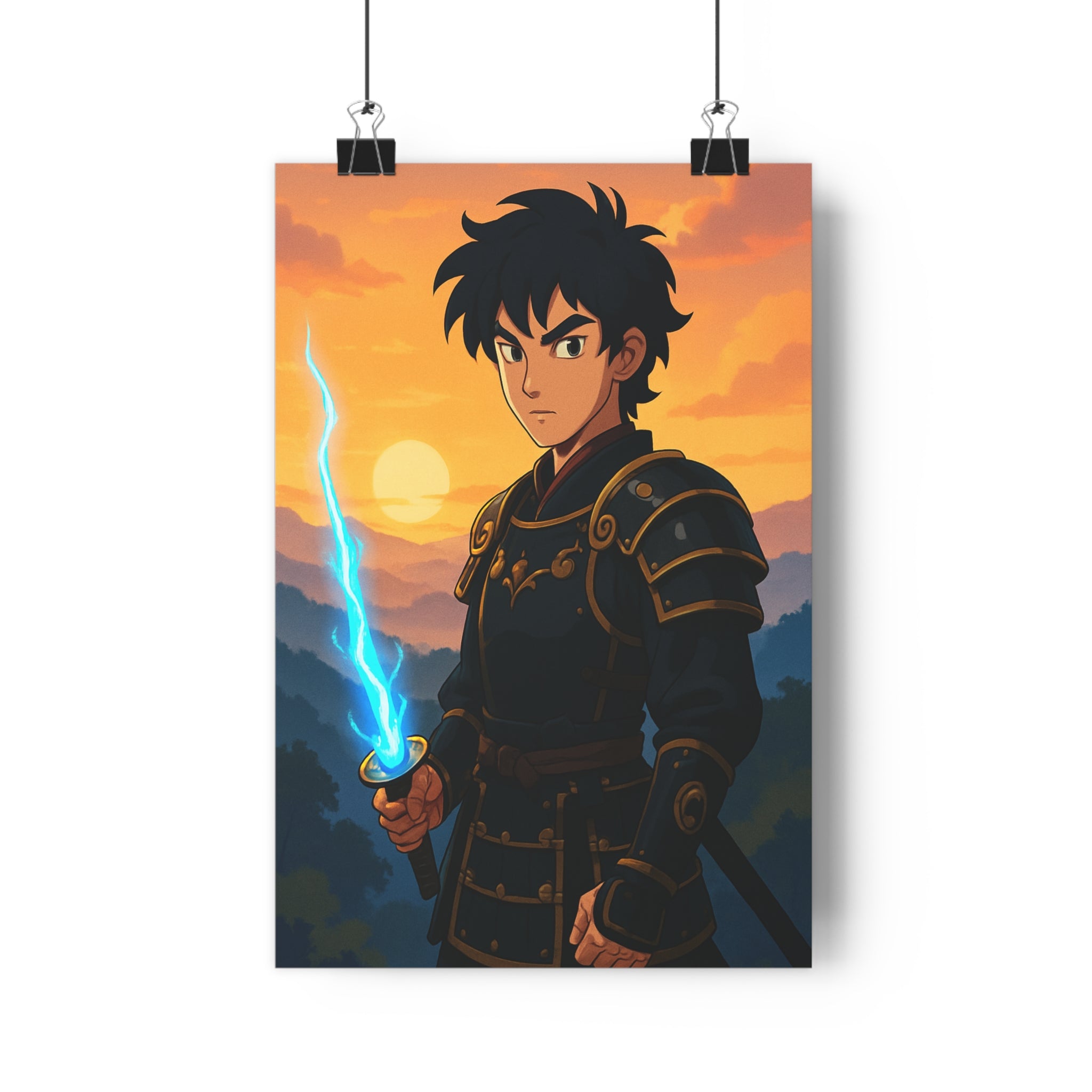 Poster décoratif anime épique personnage sombre épée lumineuse bleu orange vibrant chambre bureau 30x46