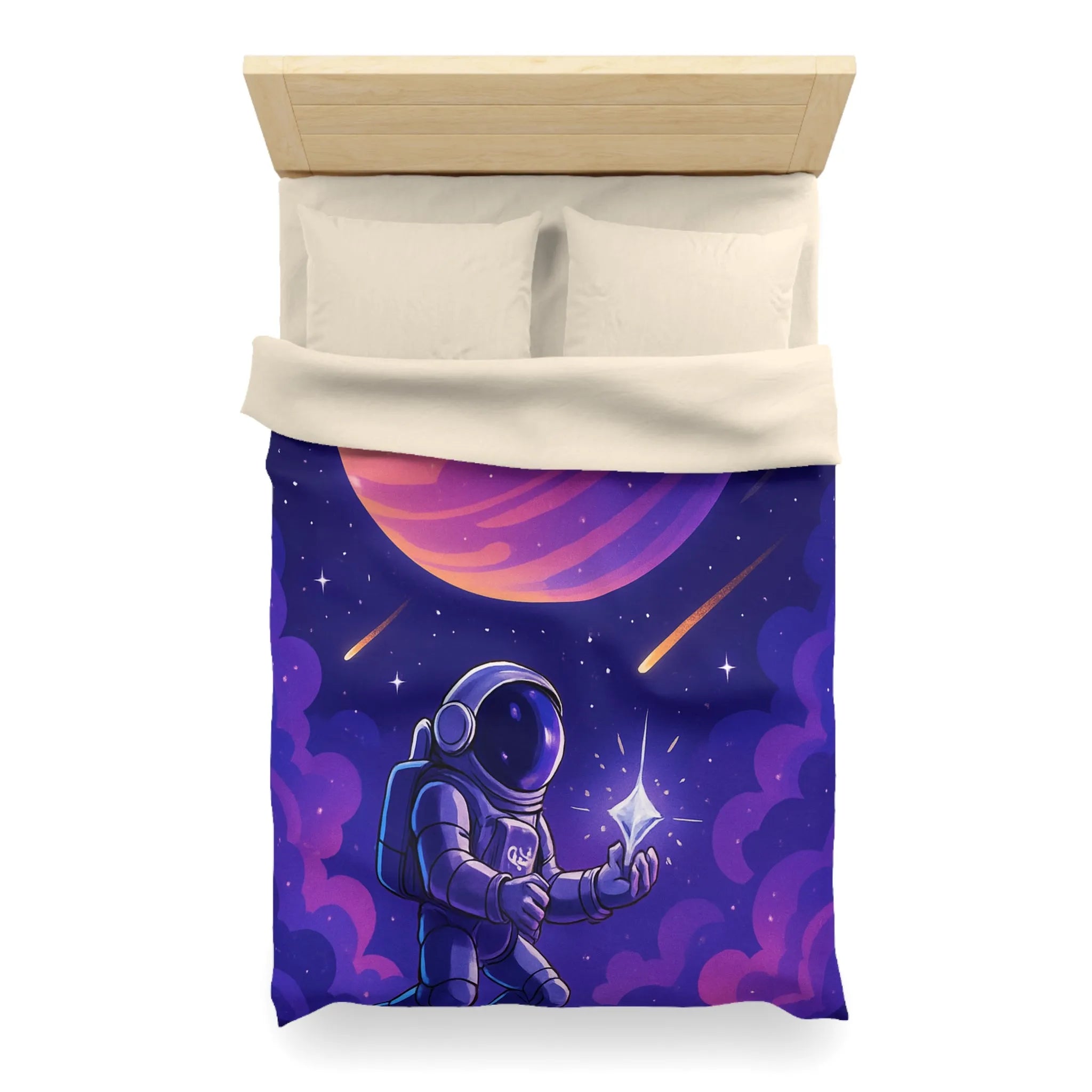 Housse de Couette Astronaute Galactique : Étoiles, Planète Rose, Ciel de Nuit Mystique