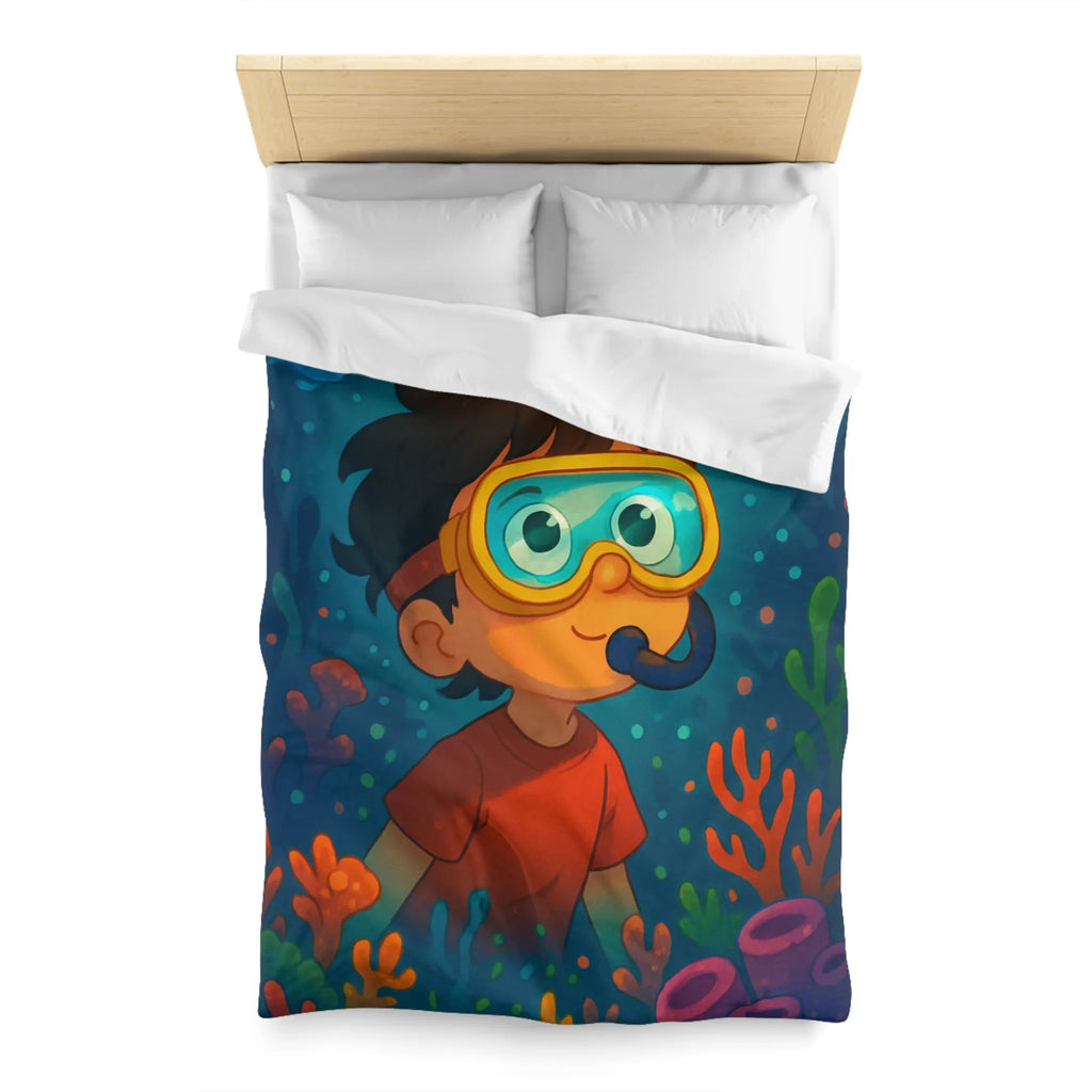 Housse de couette enfantine avec motif sous-marin coloré poisson et garçon plongeur dessiné