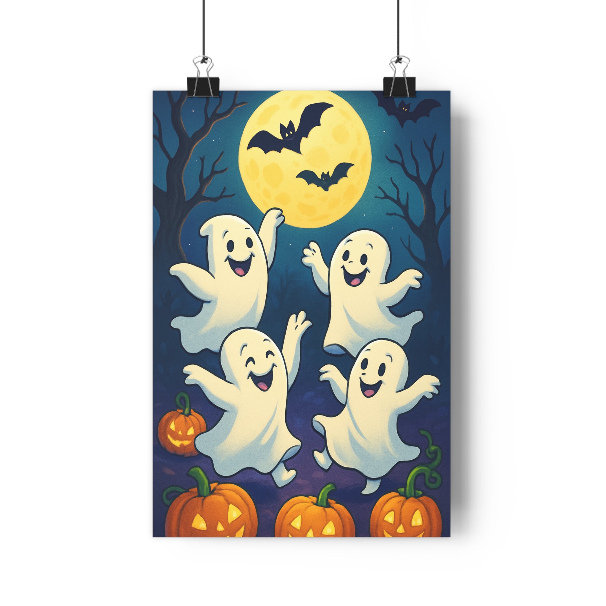 Poster décoratif joyeux mystique bleu blanc orange chambre salon halloween fantôme citrouille lune atmosphère