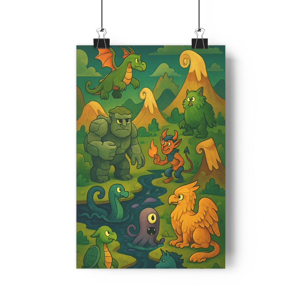 Poster décoratif cartoon légendaire vert orange mystique enfant fantasy chambre aventure magique épique fantastique