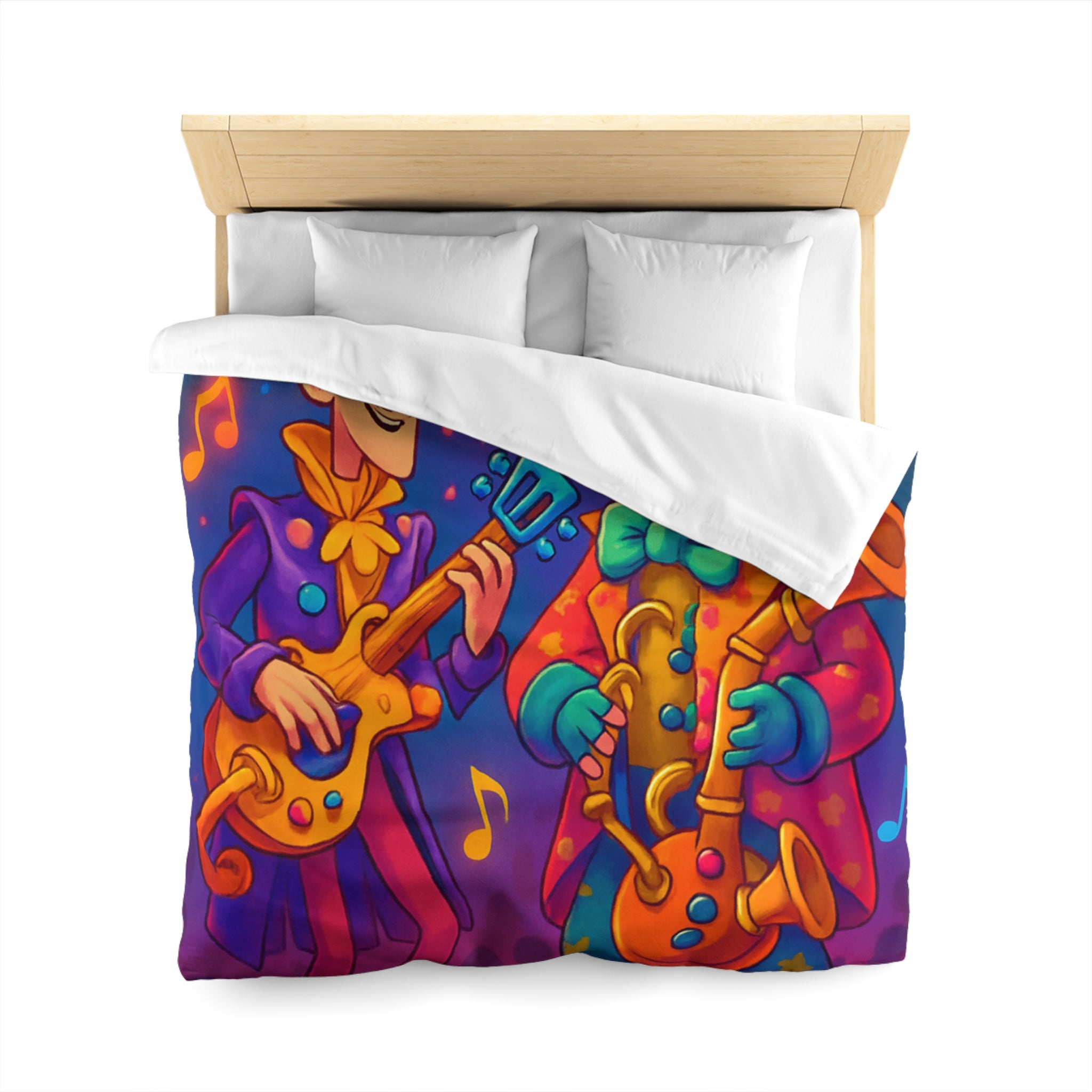 Housse de couette colorée avec musiciens joyeux jouant guitare et saxophone sous projecteurs