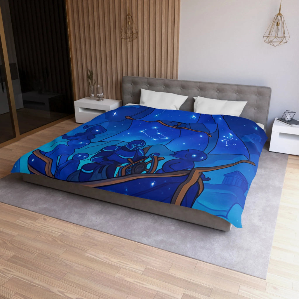 Housse de Couette Inspirée Ciel Étoilé avec Bateau et Constellations Bleu Nuit