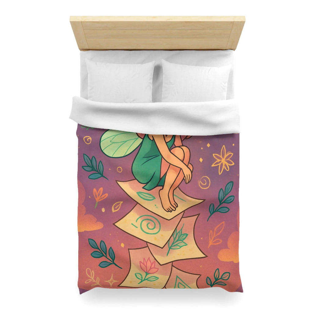 Housse de couette féerique avec fée aux ailes vertes et motifs floraux enchanteurs