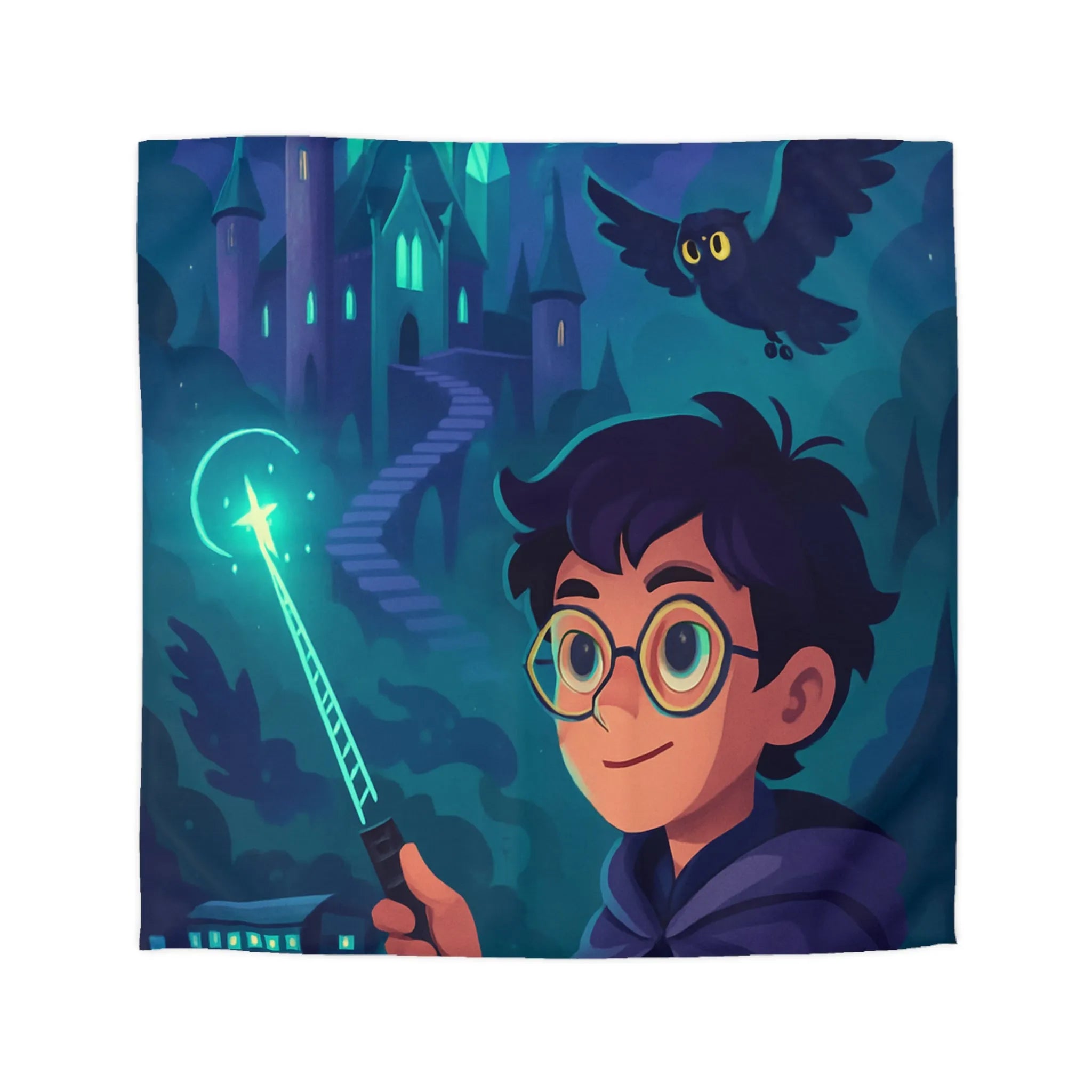 Housse de Couette Magique avec Enfant, Baguette Lumineuse et Chouette en Nuit Mystique