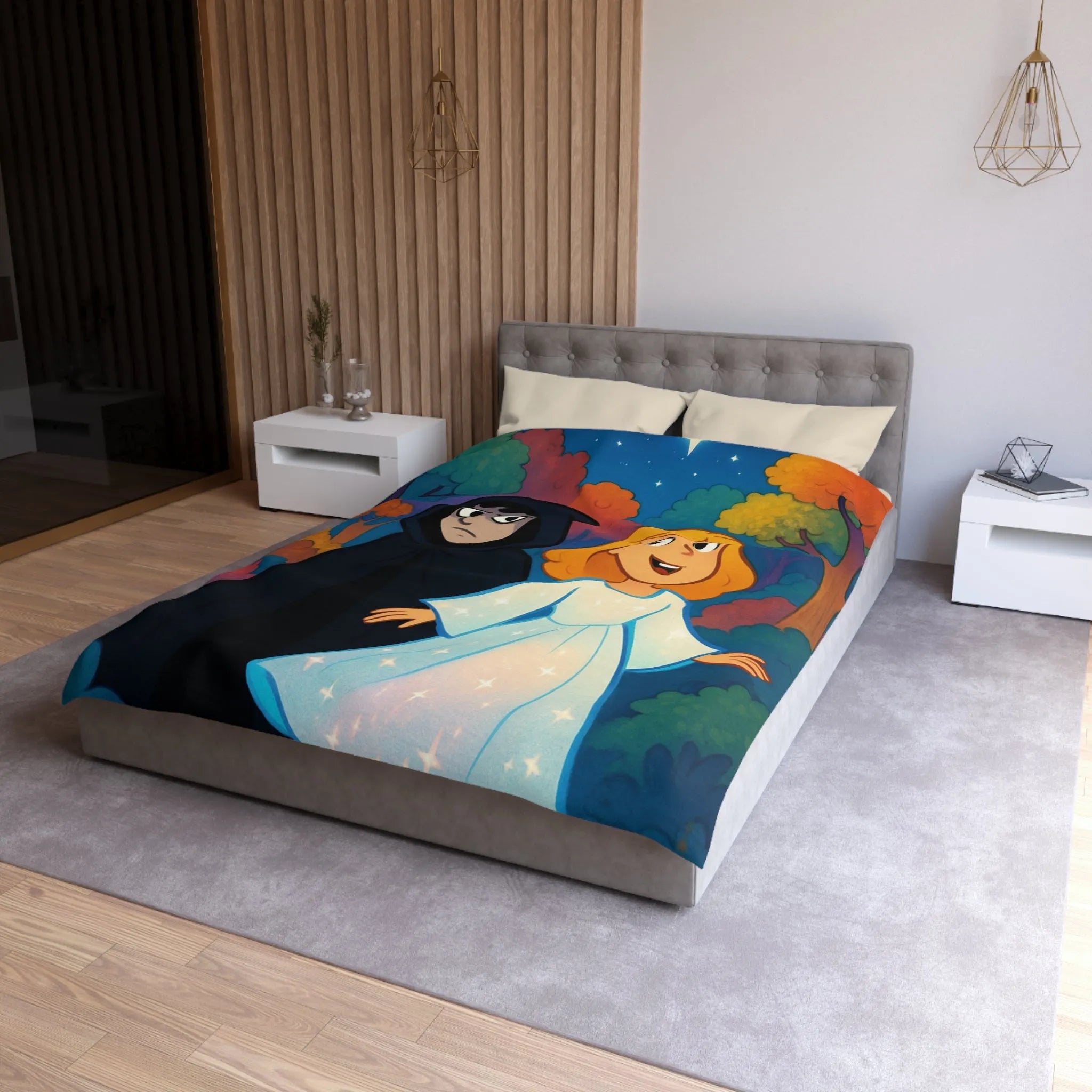 Housse de Couette Enchantée Forêt et Étoiles Enfantines avec Personnages Mystérieux