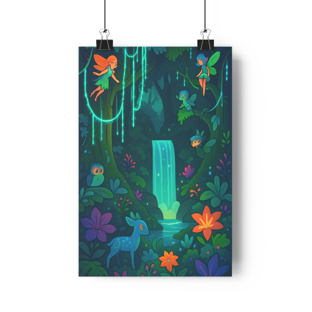 Poster décoratif féerique bleu vert fantaisie enfants forêt magique lumineux chambre rêveur cascade qualité