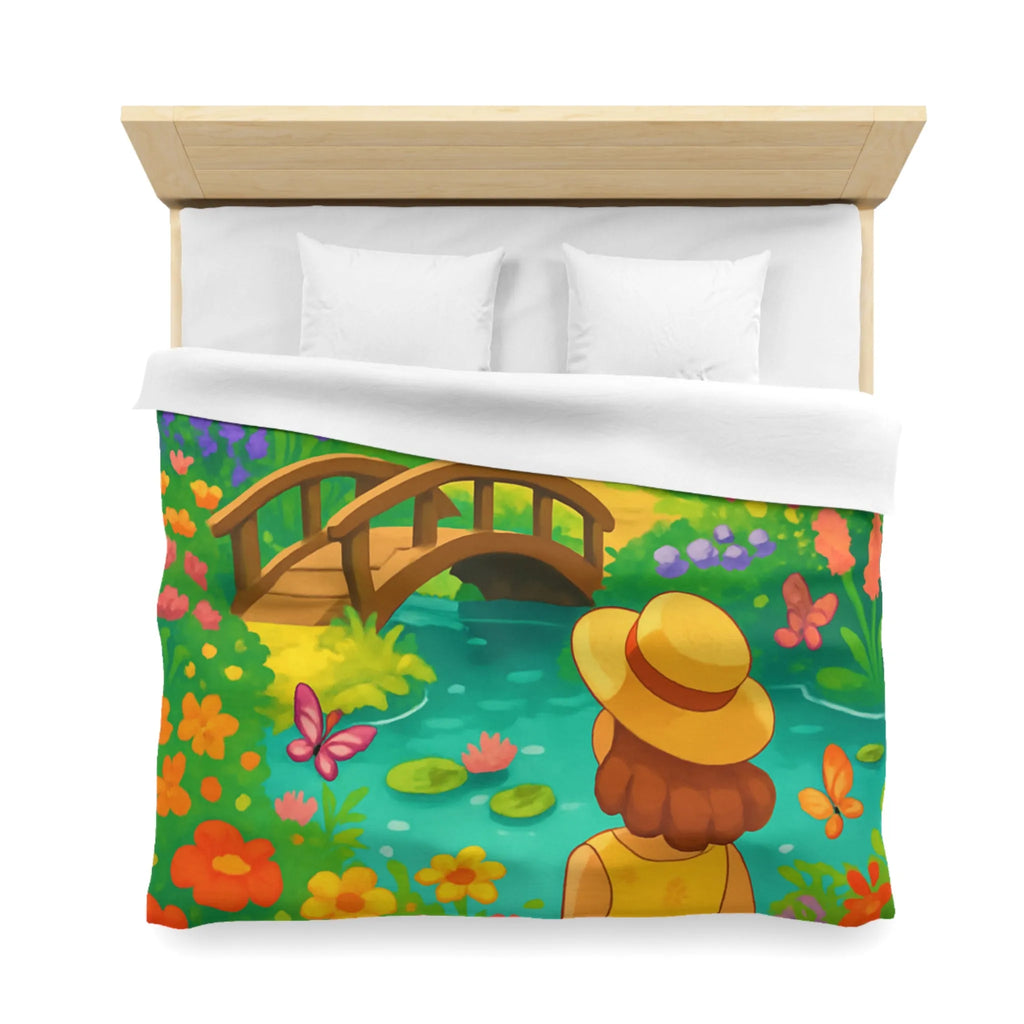 Housse de Couette Jardin Enchanté avec Pont et Papillons, Motif Vif et Coloré