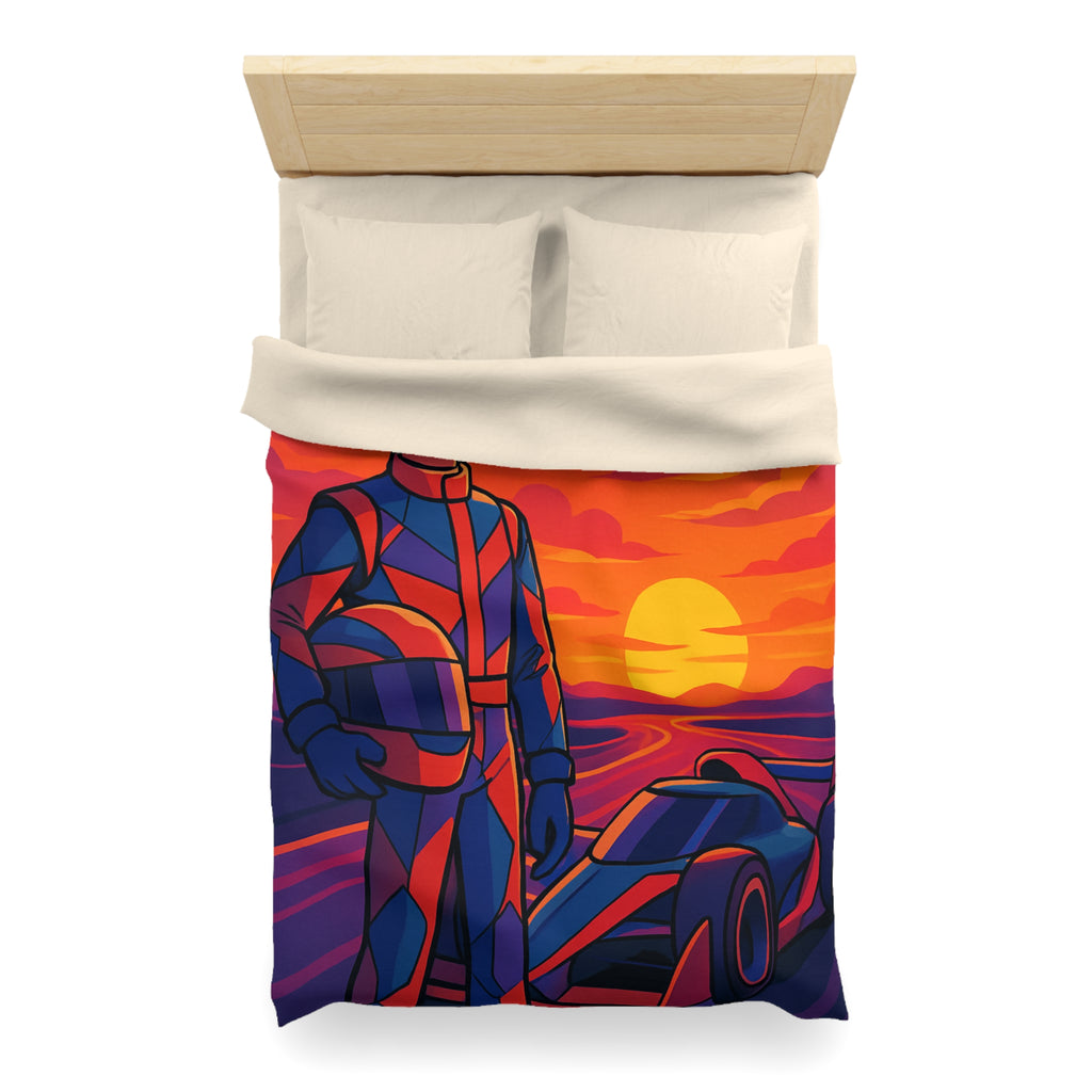 Housse de couette motif pilote de course et voiture au coucher du soleil vibrant