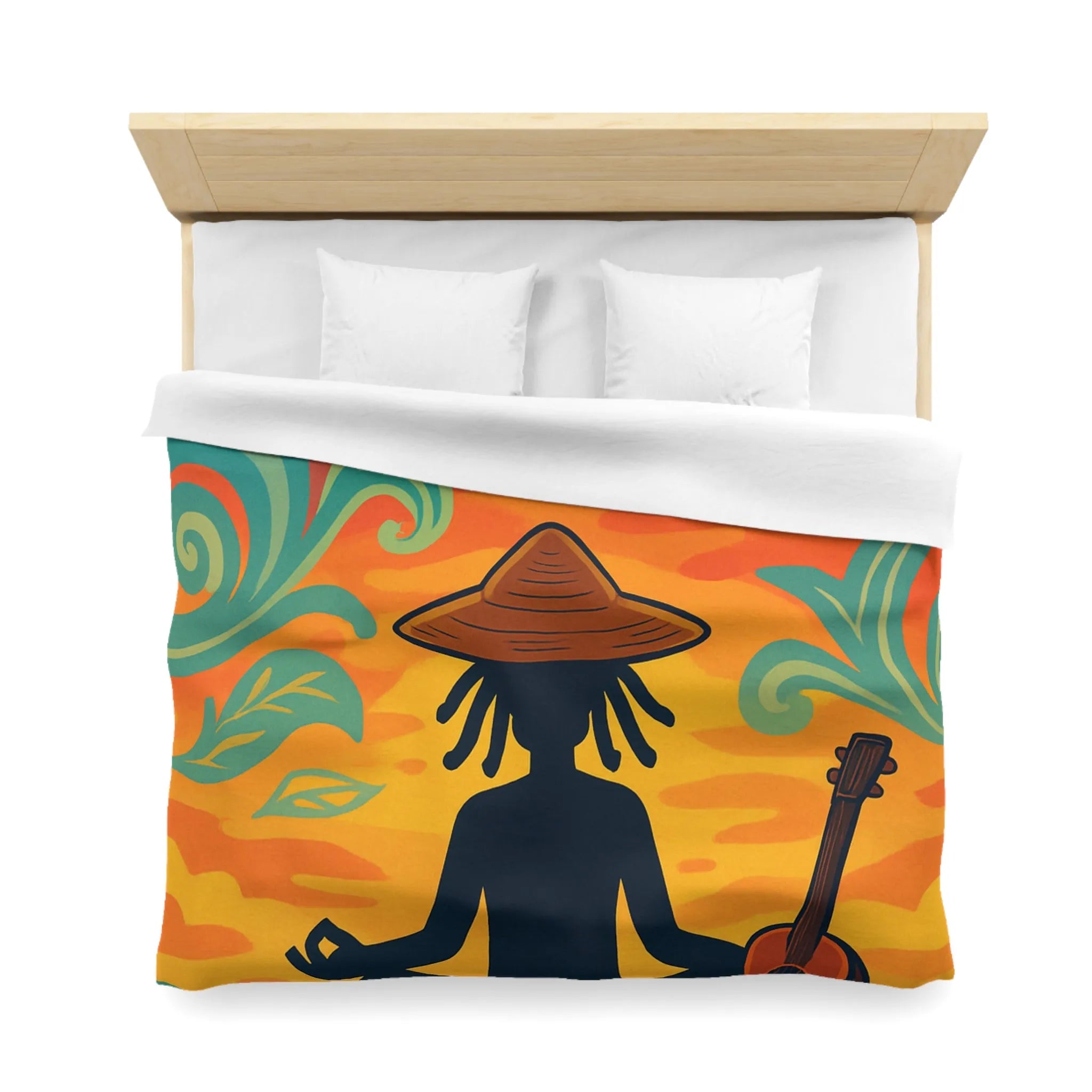 Housse de couette avec silhouette méditative et nature vibrante sous coucher de soleil coloré