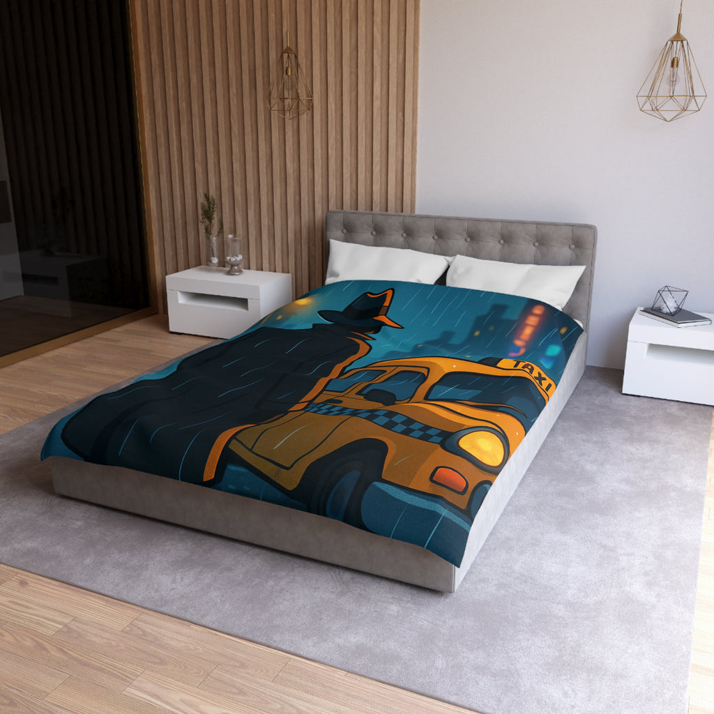 Mystérieux Homme En Imper Parapluie Noir Attendant Taxi Jaune Sous Pluie Urbaine Nocturne