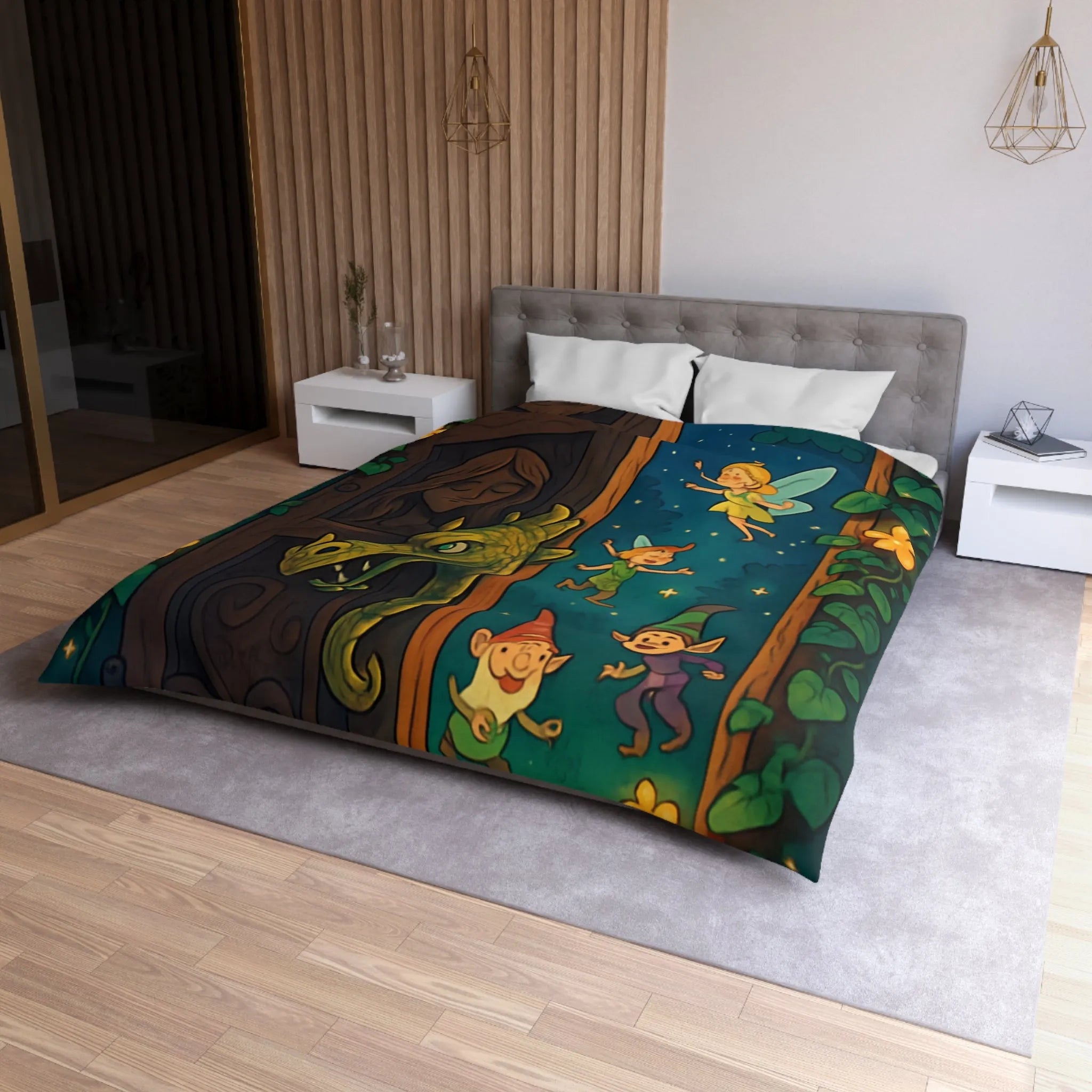 Housse de couette magique avec fées et lutins dans une forêt enchantée la nuit