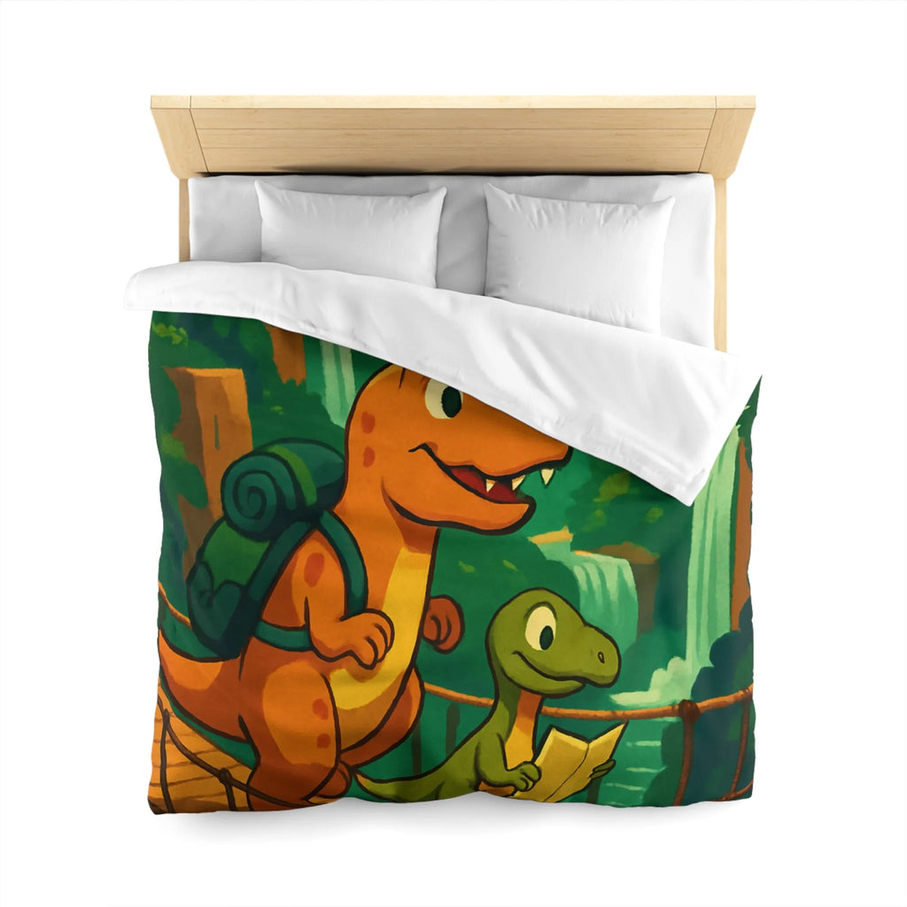 Housse de couette avec dinosaures explorateurs sur pont suspendu dans jungle luxuriante