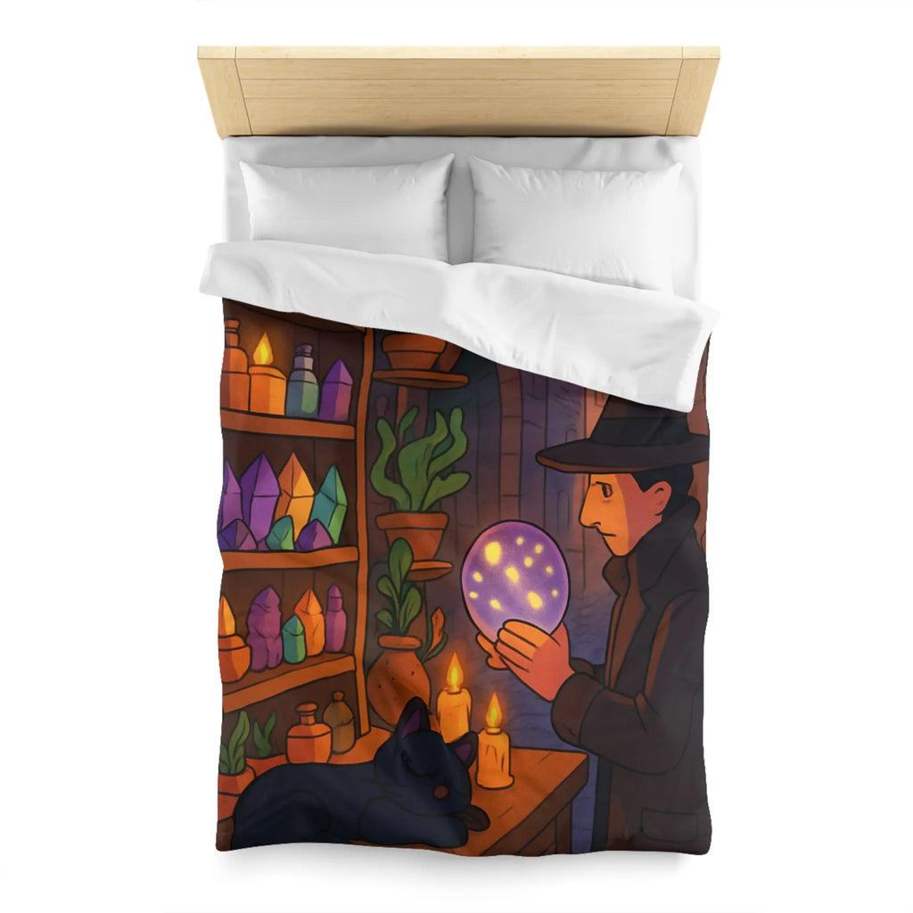 Housse de couette élégante avec scène mystique de ruelle et chat noir