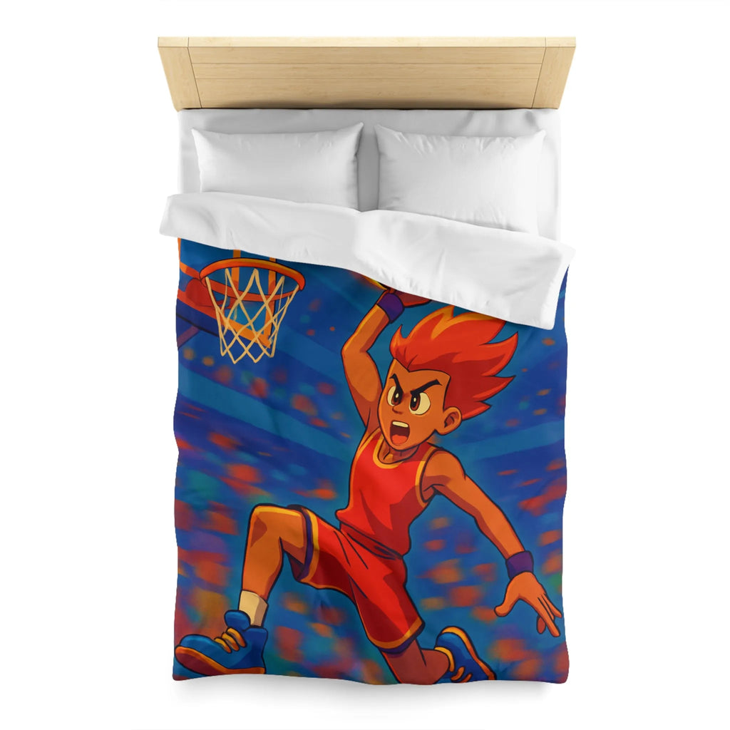 Housse de couette garçon avec joueur de basketball enflammé dans un style animé vibrant