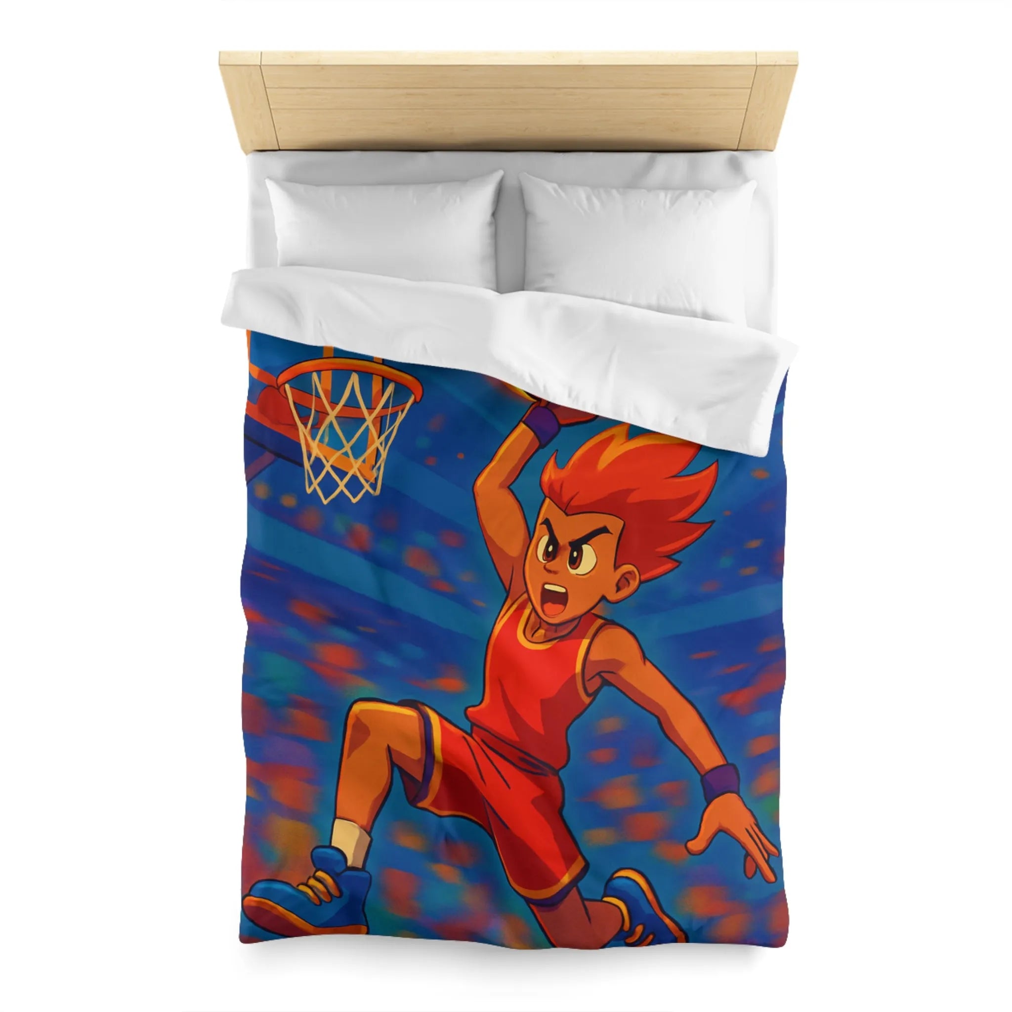 Housse de couette garçon avec joueur de basketball enflammé dans un style animé vibrant