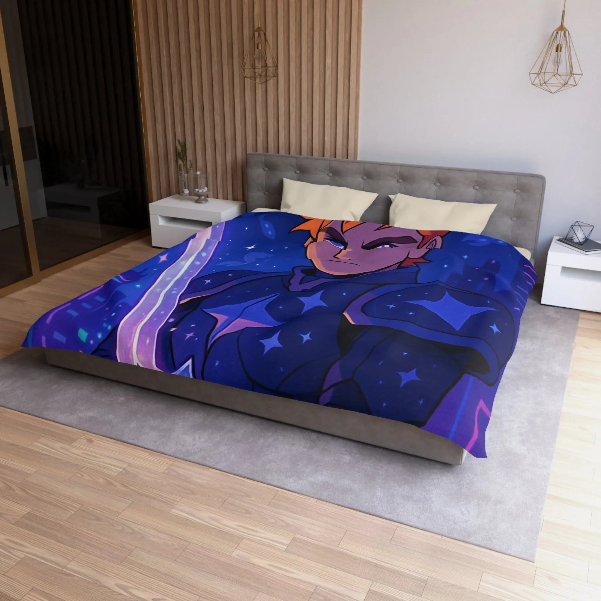 Housse de couette galactique avec chevalier et skyline futuriste pour chambre moderne