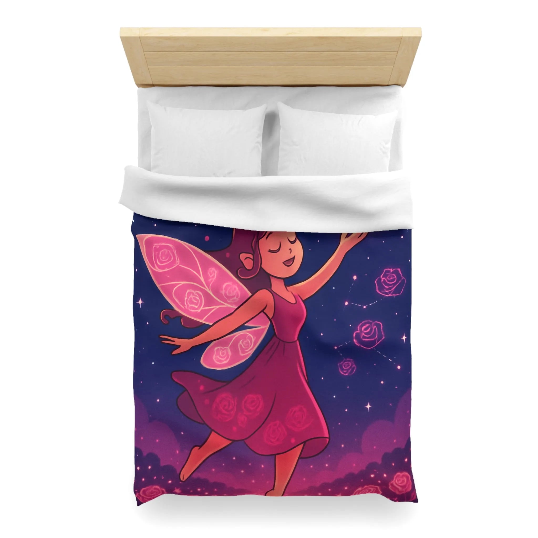 Enchanting Fairy with Wings and Glowing Roses under a Starry Night Sky
