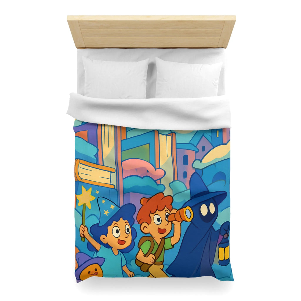 Housse de couette magique enfants avec illustration de sorcier, château et ciel étoilé