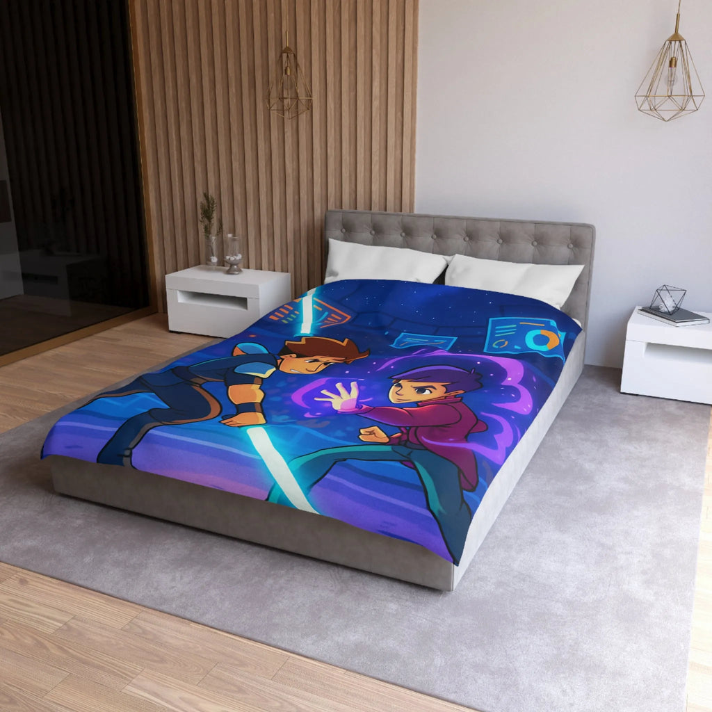 Housse de Couette Enfant Design Combat Futuriste avec Épées Laser et Pouvoirs Magiques