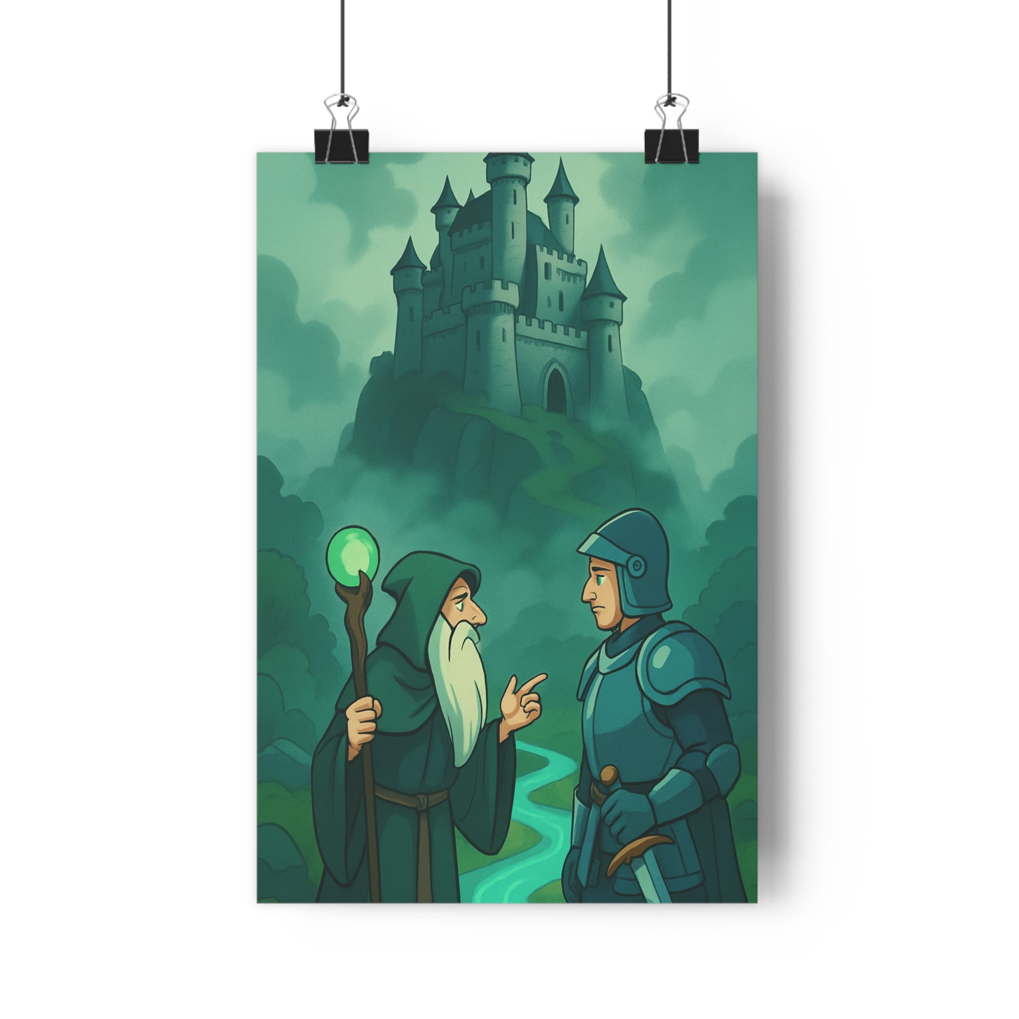 Poster décoratif mystique dessin animé vert bleu château chemin brumeux mage chevalier chambre salon
