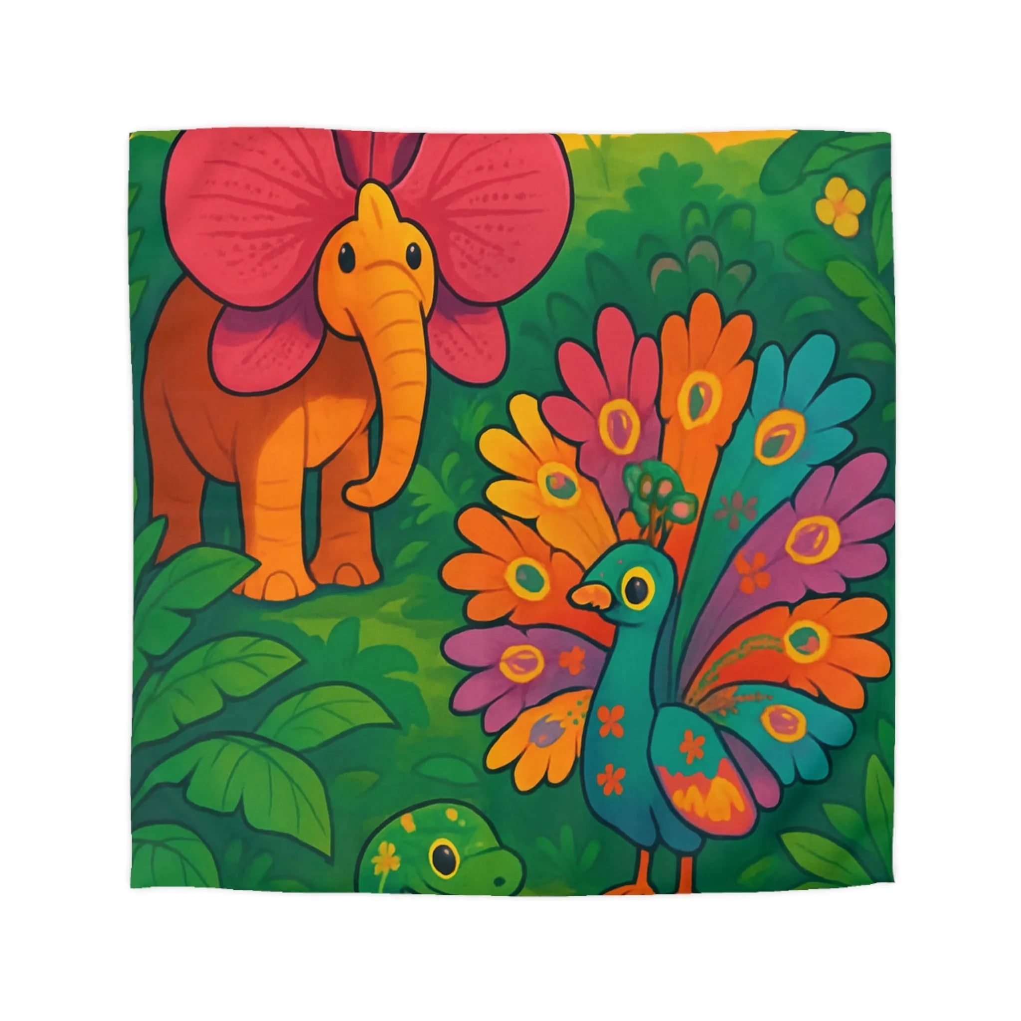 Housse de couette enfantine avec éléphant, paon multicolore et serpent floral en forêt