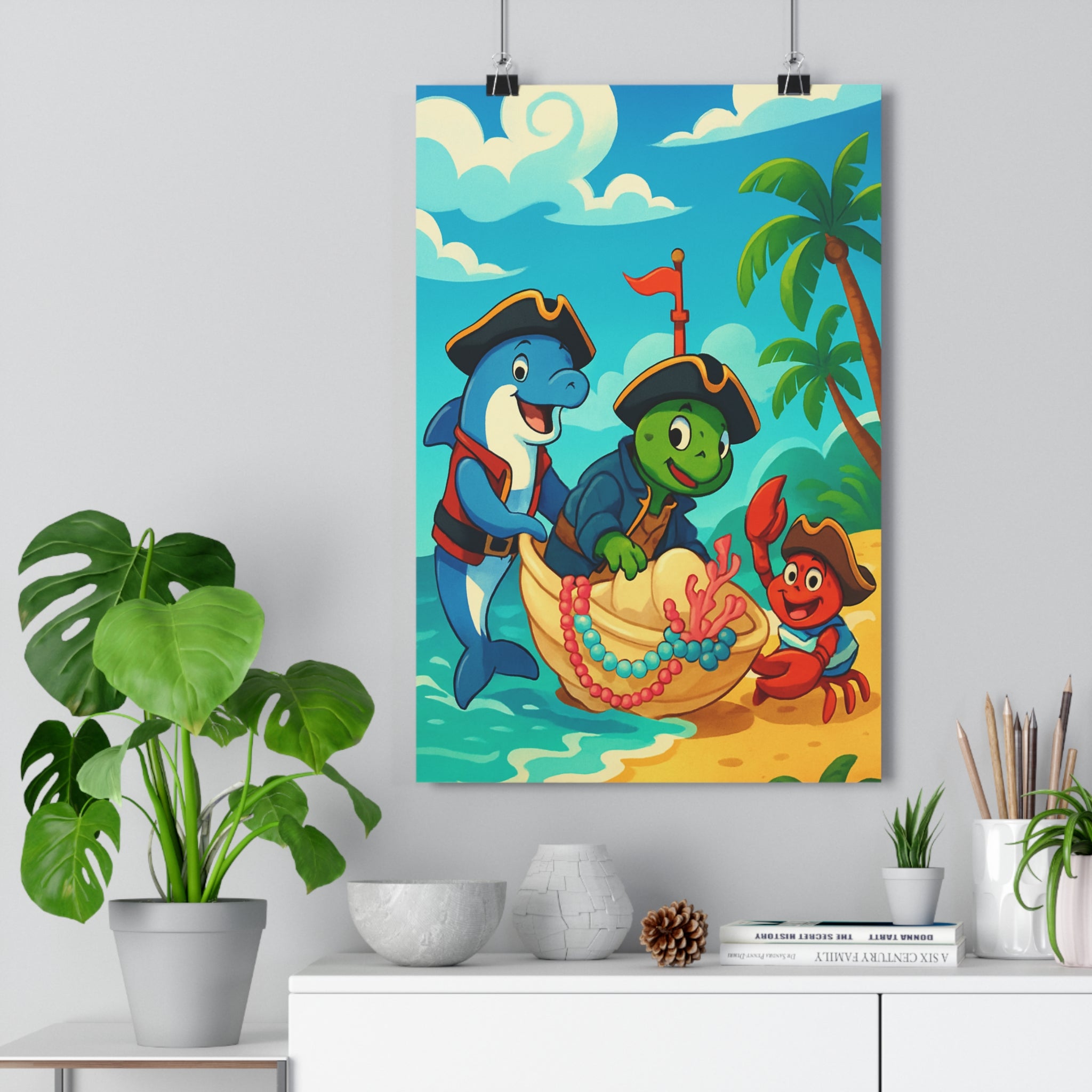 Poster décoratif cartoon marin aventure joyeux dauphin tortue crabe plage tropicale enfant chambre estivale