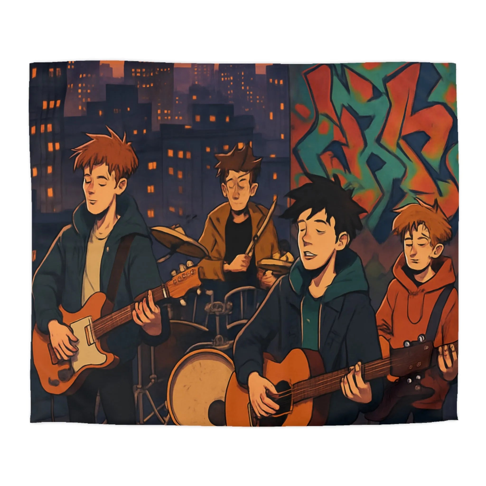 Housse de couette avec illustration de groupe jouant sur toit urbain au crépuscule