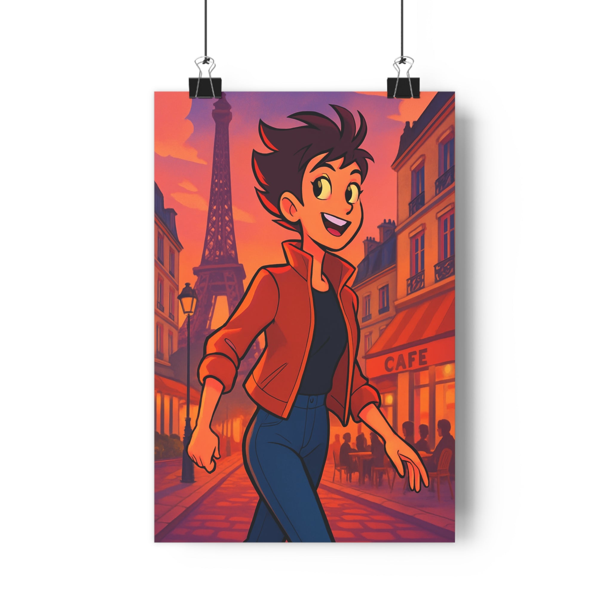 Poster décoratif romantique Paris tour Eiffel vibrant rouge orange chaleureux salon dessin joyeux ambiance