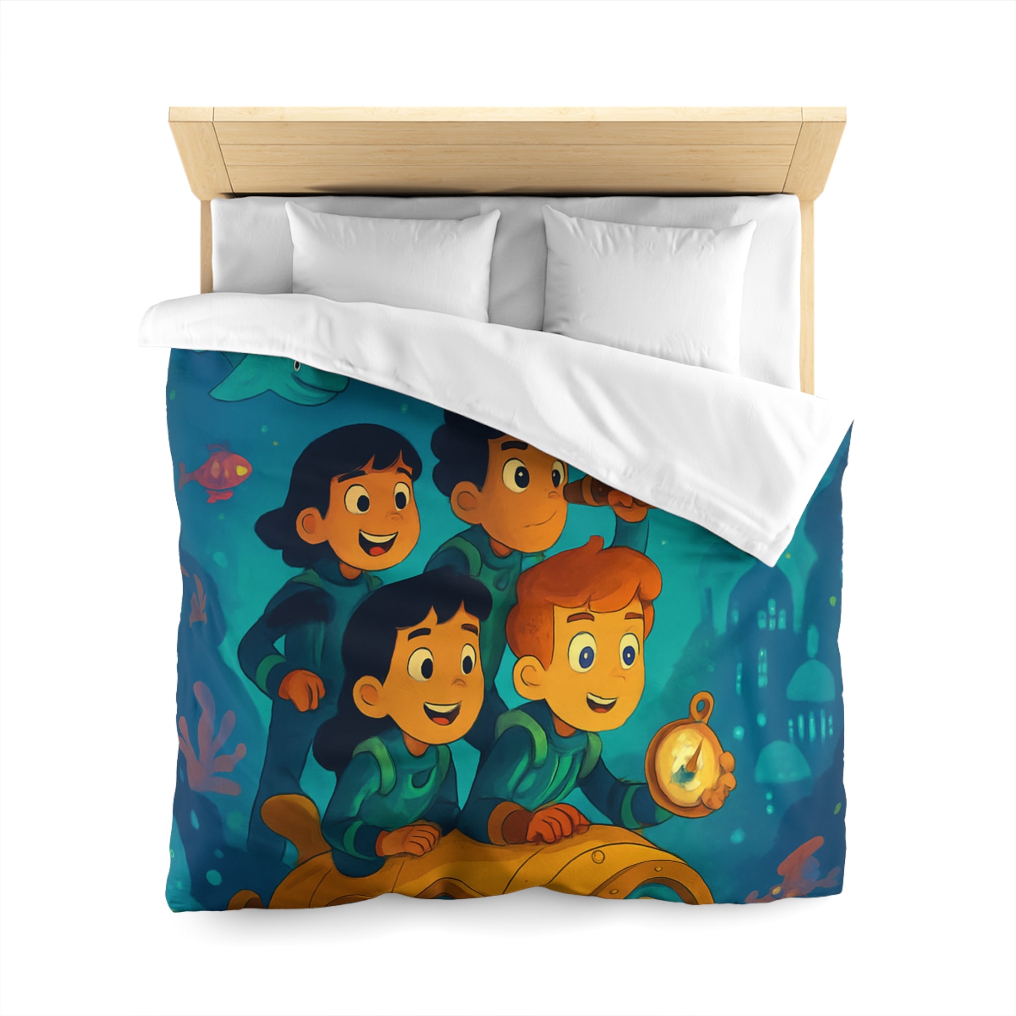 Housse de couette sous-marine avec enfants explorateurs et animaux marins joyeux