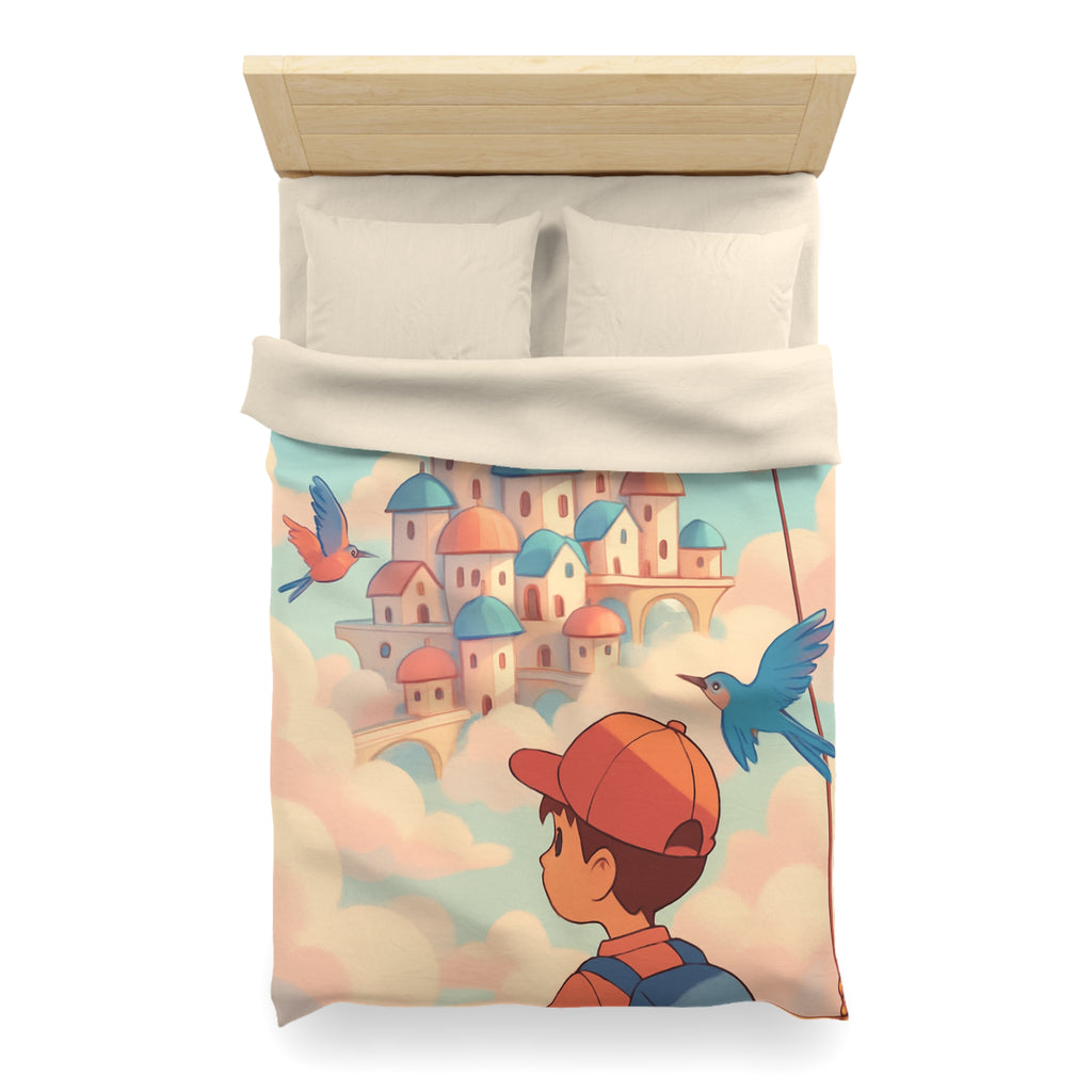Housse de couette rêveuse avec enfant explorant un château céleste parmi les nuages