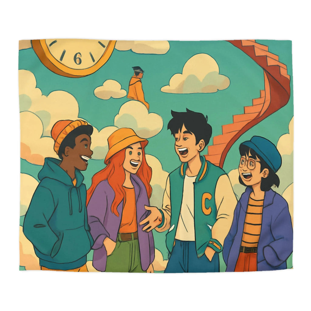 Housse de couette jeune amis rient sous escalier nuages horloge ciel bleu