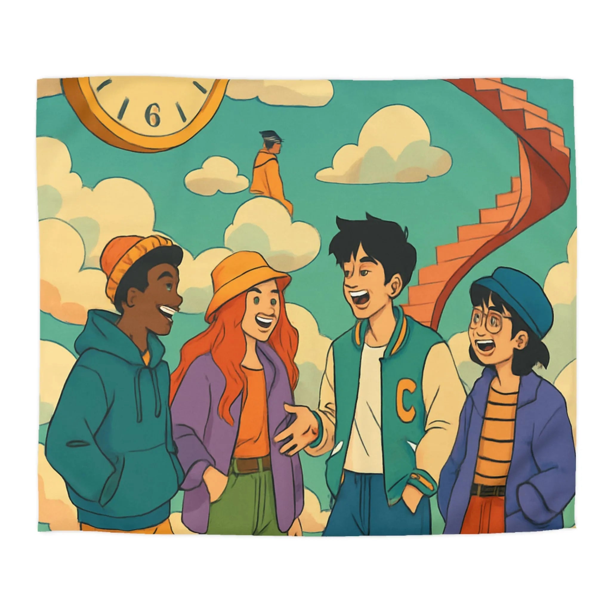 Housse de couette jeune amis rient sous escalier nuages horloge ciel bleu