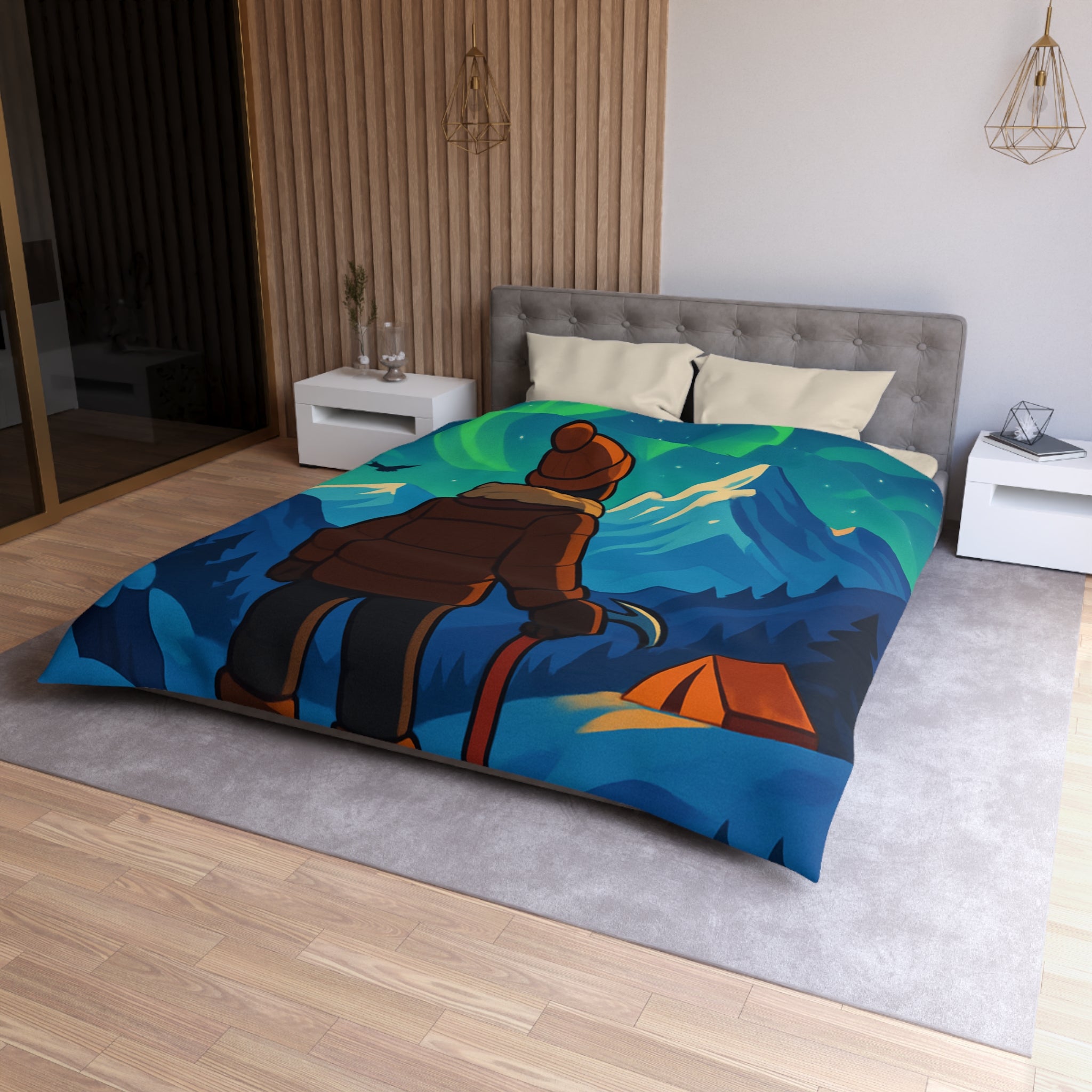 Housse de couette montagne avec aurore boréale, explorateur et tente lumineuse