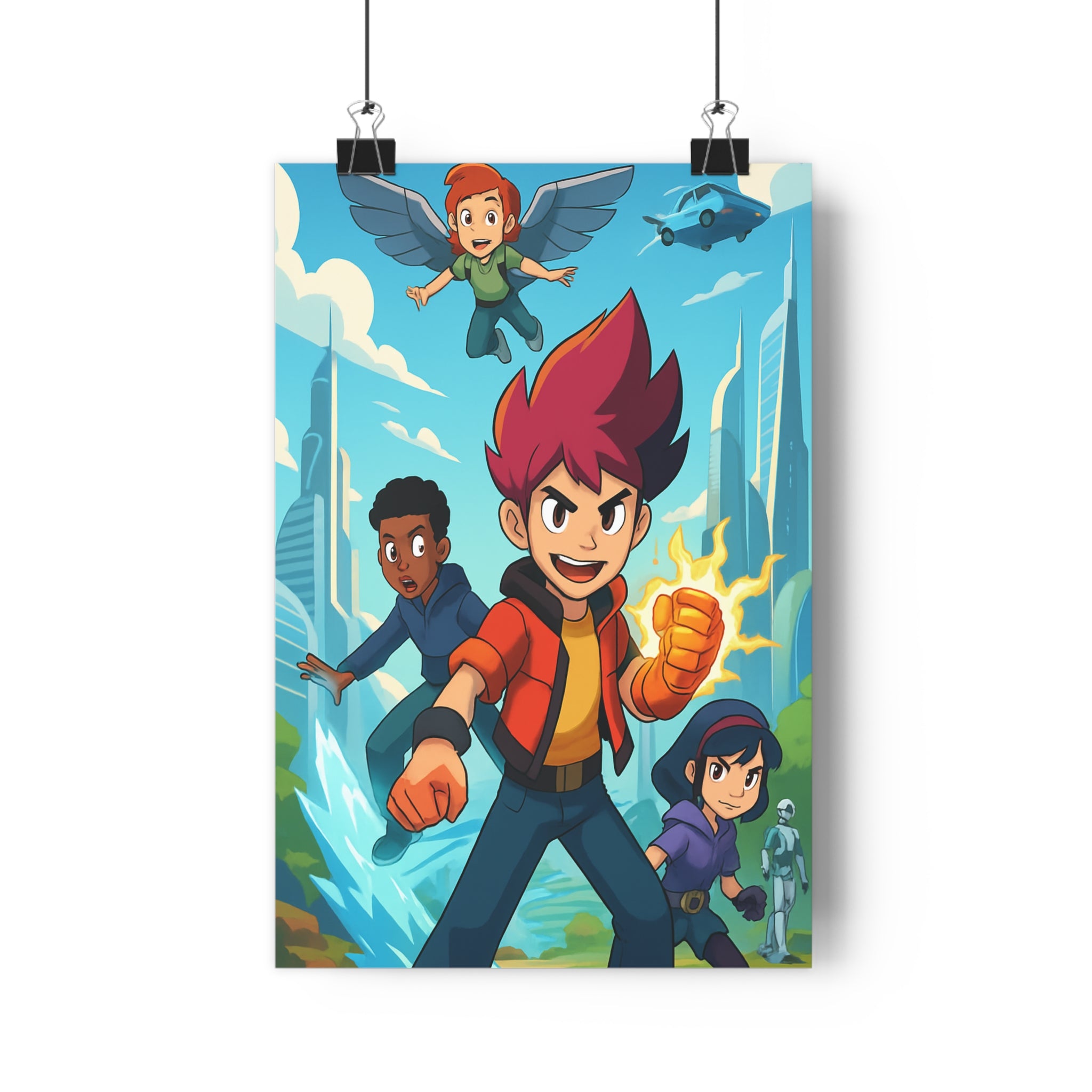 Poster décoratif futuriste dessin animé dynamique enfant héros rouge bleu moderne chambre aventure garçon