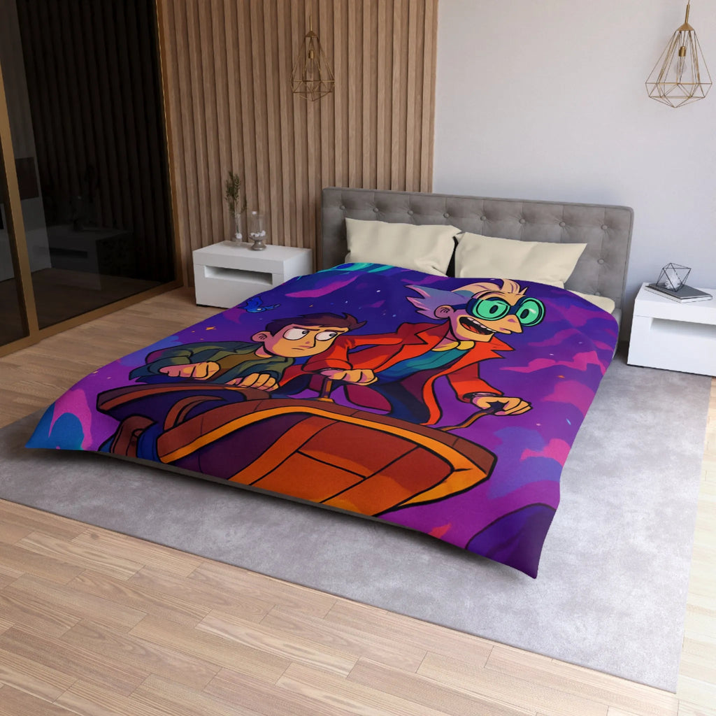 Housse de couette avec illustration d’aventuriers et animaux dans l’espace coloré et rétro