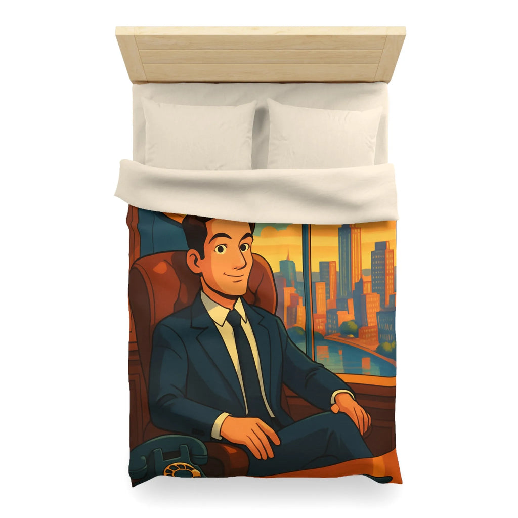 Élégante housse de couette avec homme d'affaires et horizon urbain stylisé en coucher de soleil