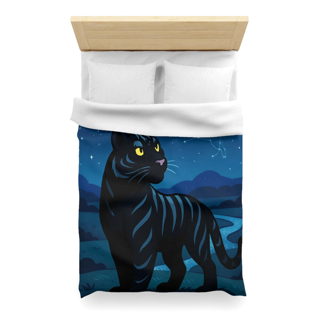 Housse de couette étoilée : Chat noir constellé sous une pleine lune éclatante