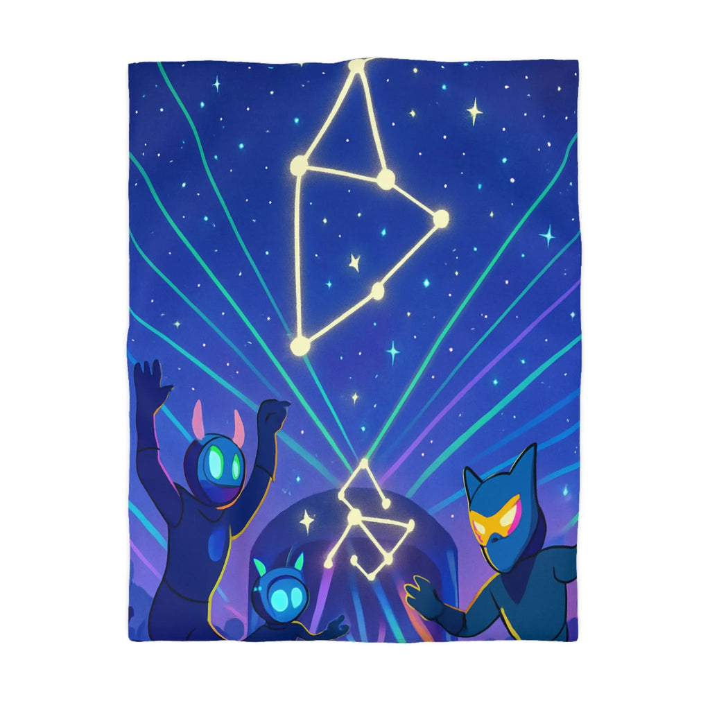 Housse de couette futuriste étoiles et créatures dansant sous un ciel étoilé lumineux