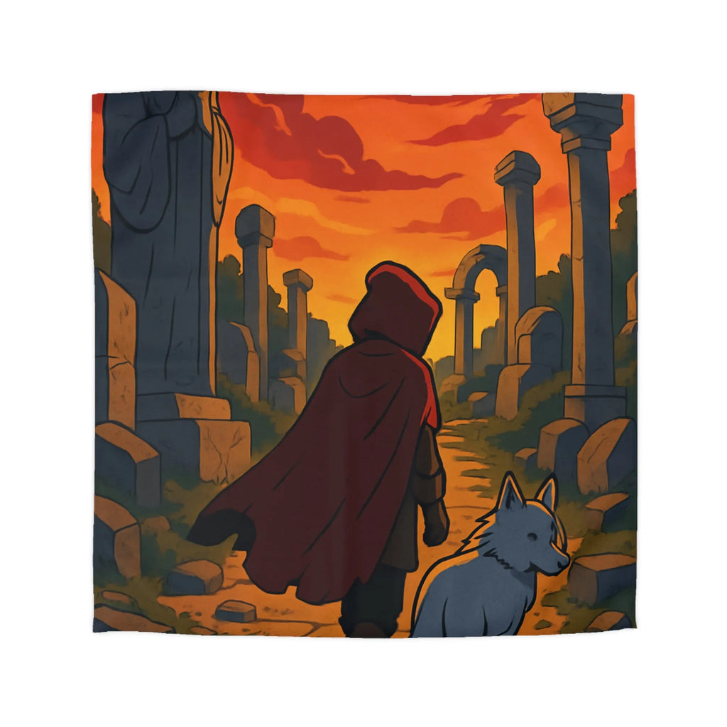 Housse de Couette Enfant Rouge et Blanc, Chemin Énigmatique du Crépuscule, Statue Mystérieuse