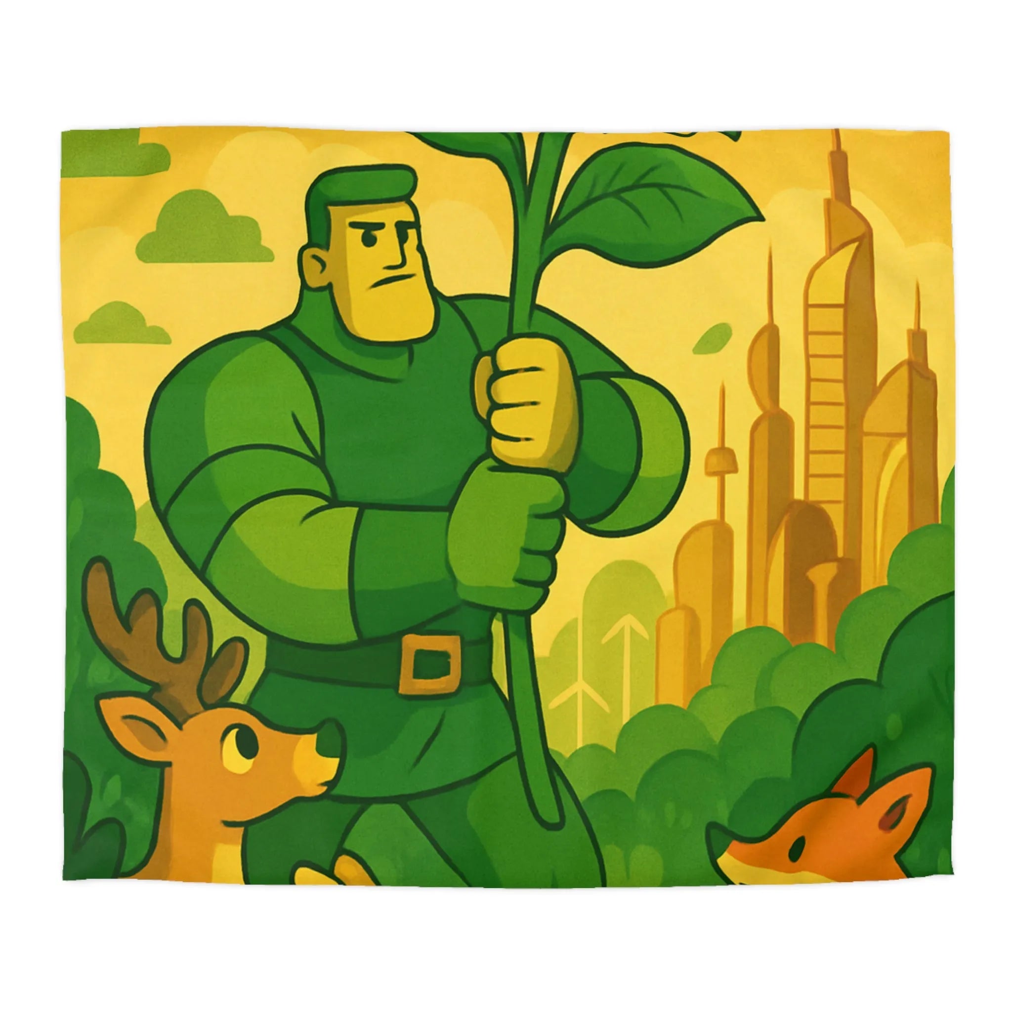 Housse de couette avec illustration végétale et animaux dans une ambiance futuriste naturelle