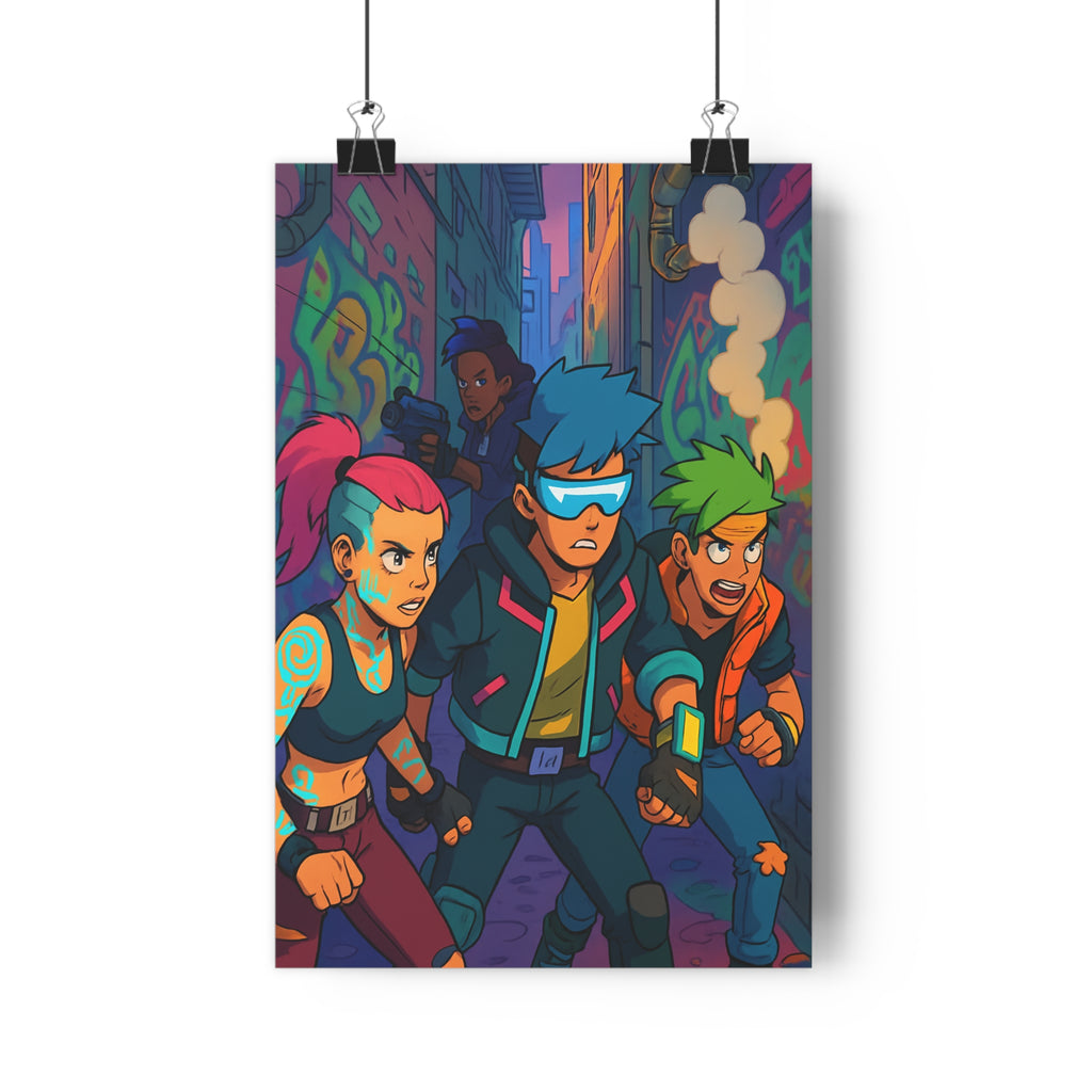 Poster décoratif urbain dystopique dynamique couleurs vives moderne aventure cheveux colorés salon ambiance intense