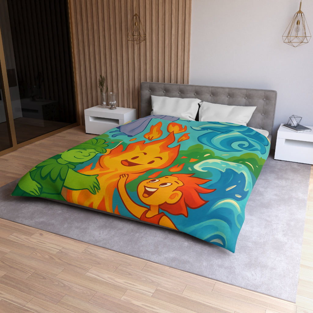 Housse de couette vibrante célébrant les quatre éléments dans un style ludique coloré