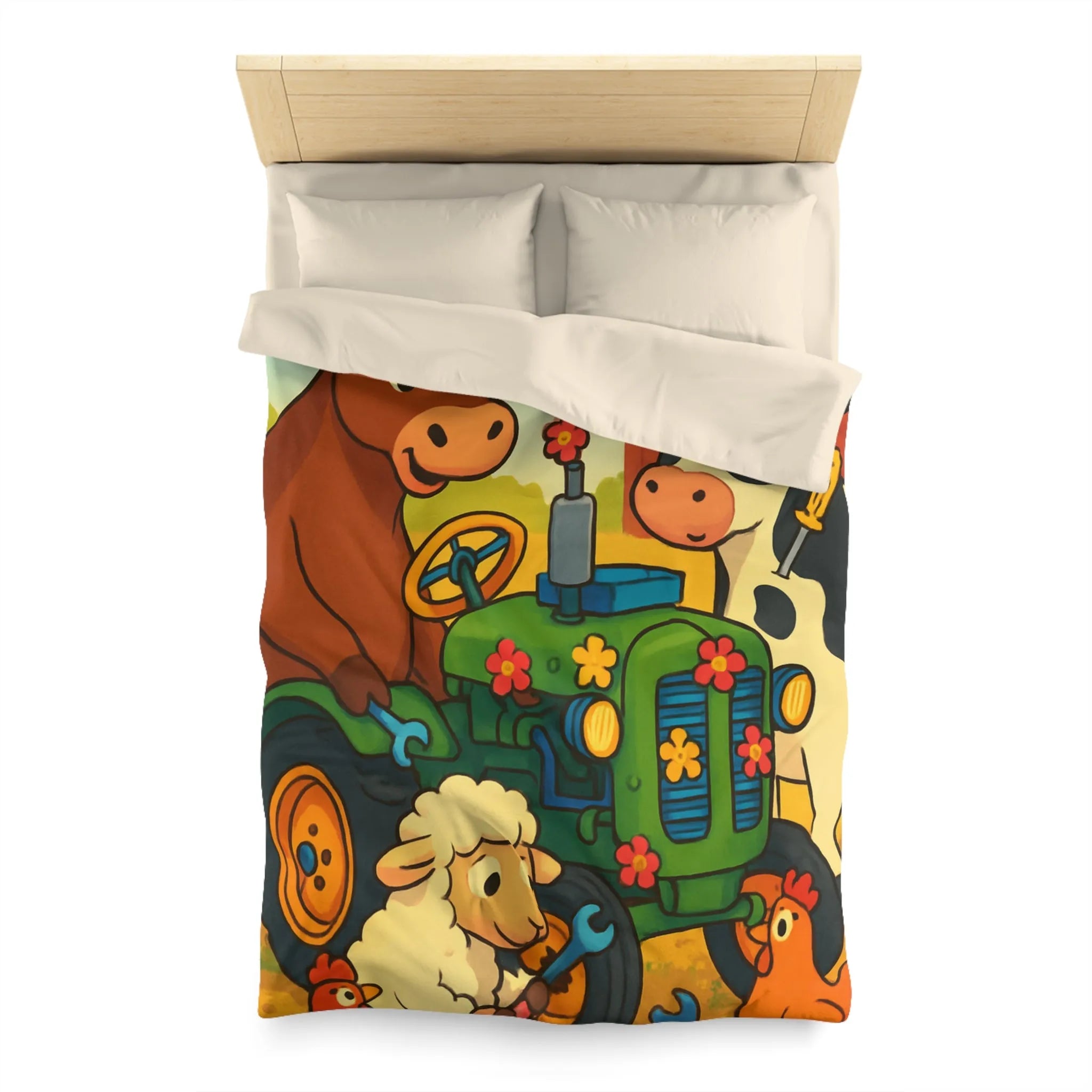 Housse de couette colorée avec animaux amusants à la ferme et tracteur ludique