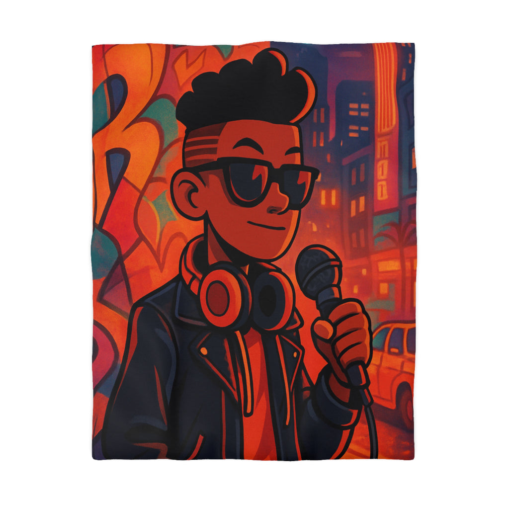 Housse de couette urbaine rétro avec chanteur hip-hop et graphismes vibrants de ville